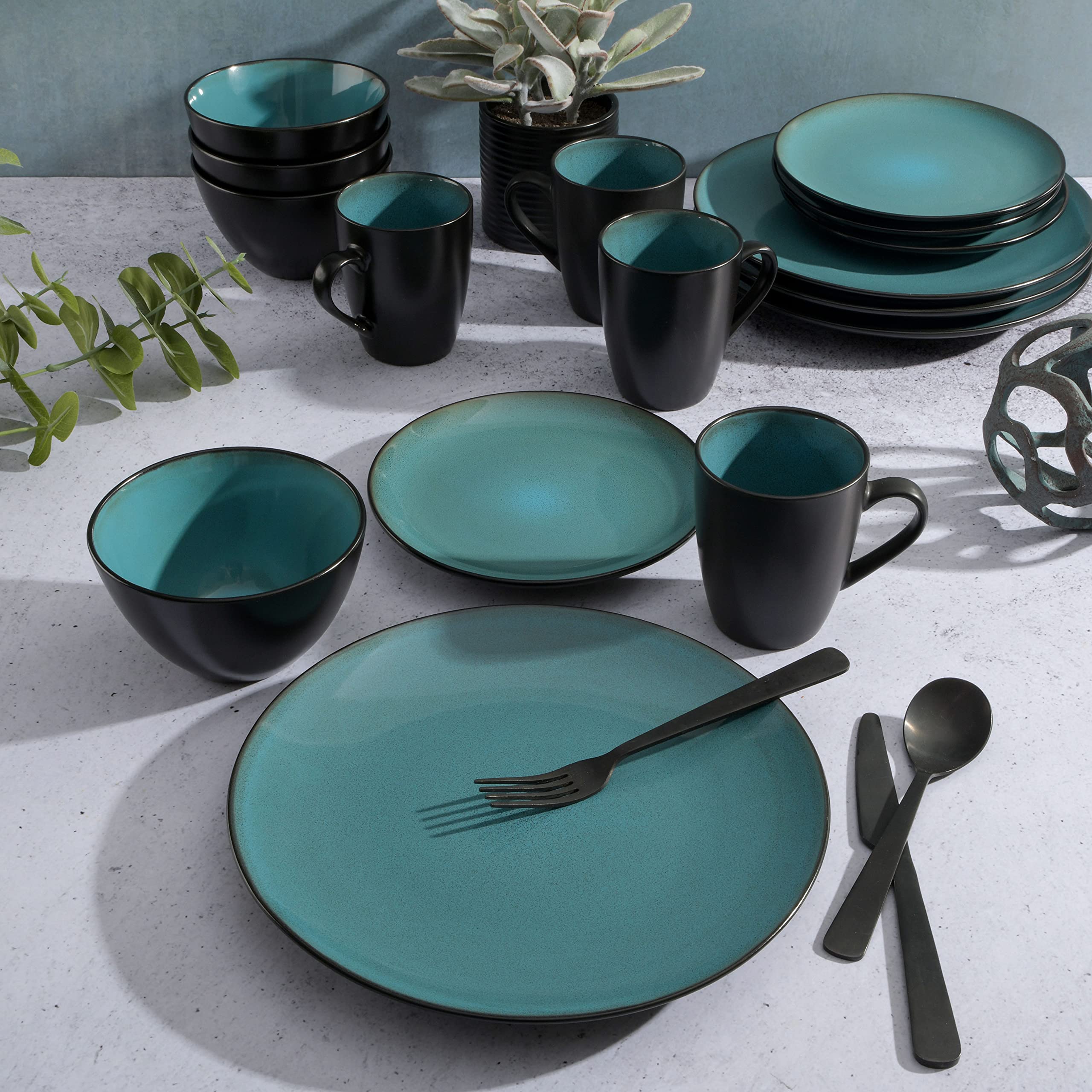 Gibson Elite Soho Lounge Round Reactive Glaze Stoneware Dinnerware Set, Service for 4 (16pc), Blue, Soho Round.