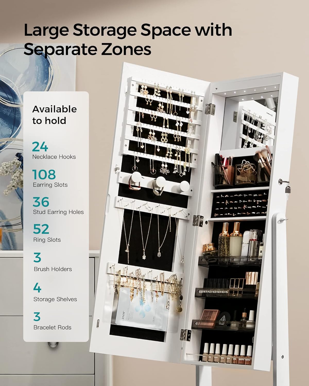 SONGMICS LED Mirror Jewelry Cabinet, Adjustable Brightness and 3 Shades of Light, Standing Jewelry Armoire with Full-Length Mirror, Jewelry Organizer with Built-in Mirror and Lights, White UJJC016W01