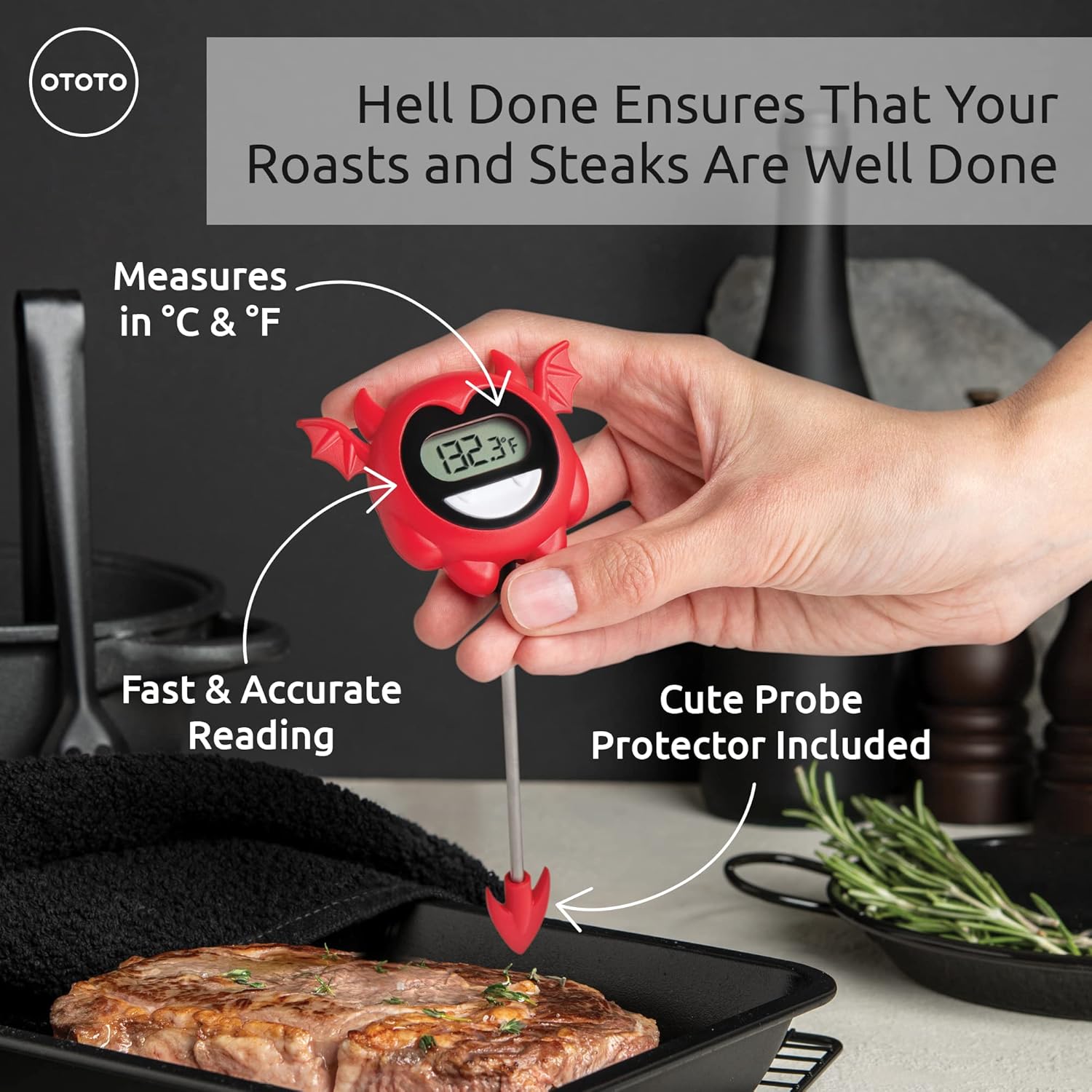 OTOTO Hell Done Halloween Meat Thermometer Digital - Spooky Food for Cooking, for Meat, Digital, Cooking Gifts, Cute Kitchen Gadgets