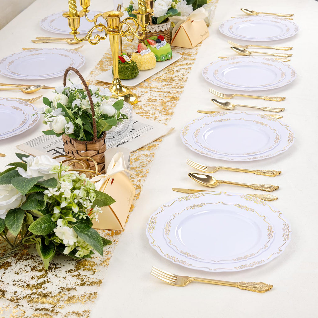 DaYammi 150Pcs Ivory Plastic Plates with Gold Rim,Disposable Plastic Plates Include 30 Dinner Plate,30 Salad Plate,30 Forks,30 Spoons,30 Knives,Ivory and Gold Plates for Party,Wedding,Mother's Day