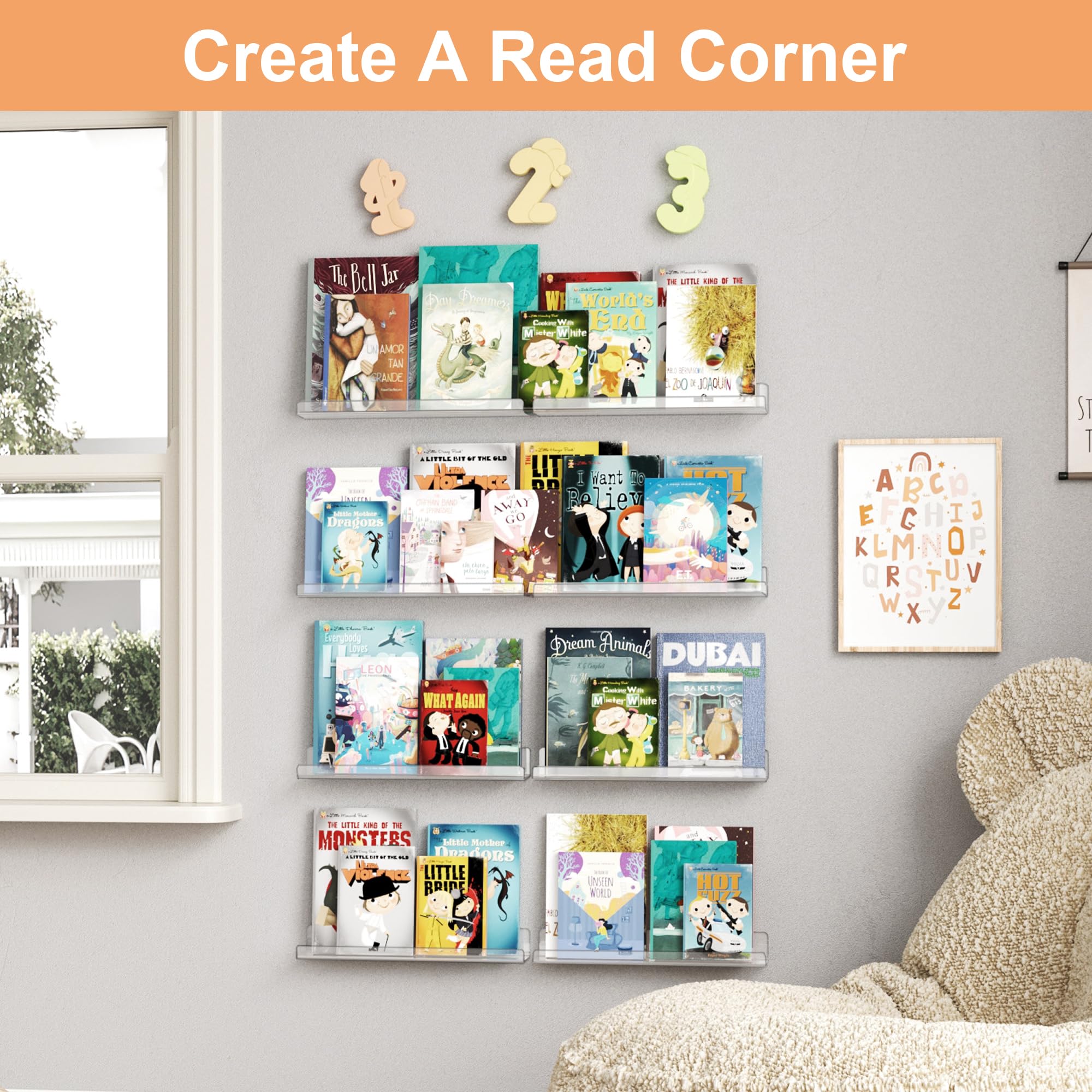 upsimples Acrylic Shelves for Bathroom Storage, 15" Floating Shelves Wall Organizer for Perfume, Make up, Skincare, Kids Bookshelf for Bedroom, Nursery, Living Room Decor, Clear, 4 Pack