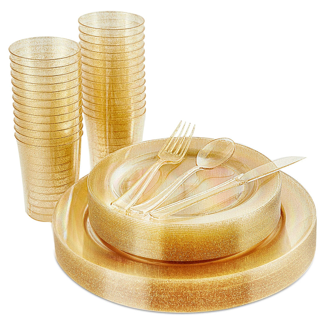 Vplus 150 pcs Gold Plastic Plates with Disposable Plastic Silverware, Cups, Gold Glitter Design includes Dinner and Salad Plates, Forks, Knives, Spoons, 10 oz Cups