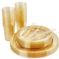 Vplus 150 pcs Gold Plastic Plates with Disposable Plastic Silverware, Cups, Gold Glitter Design includes Dinner and Salad Plates, Forks, Knives, Spoons, 10 oz Cups