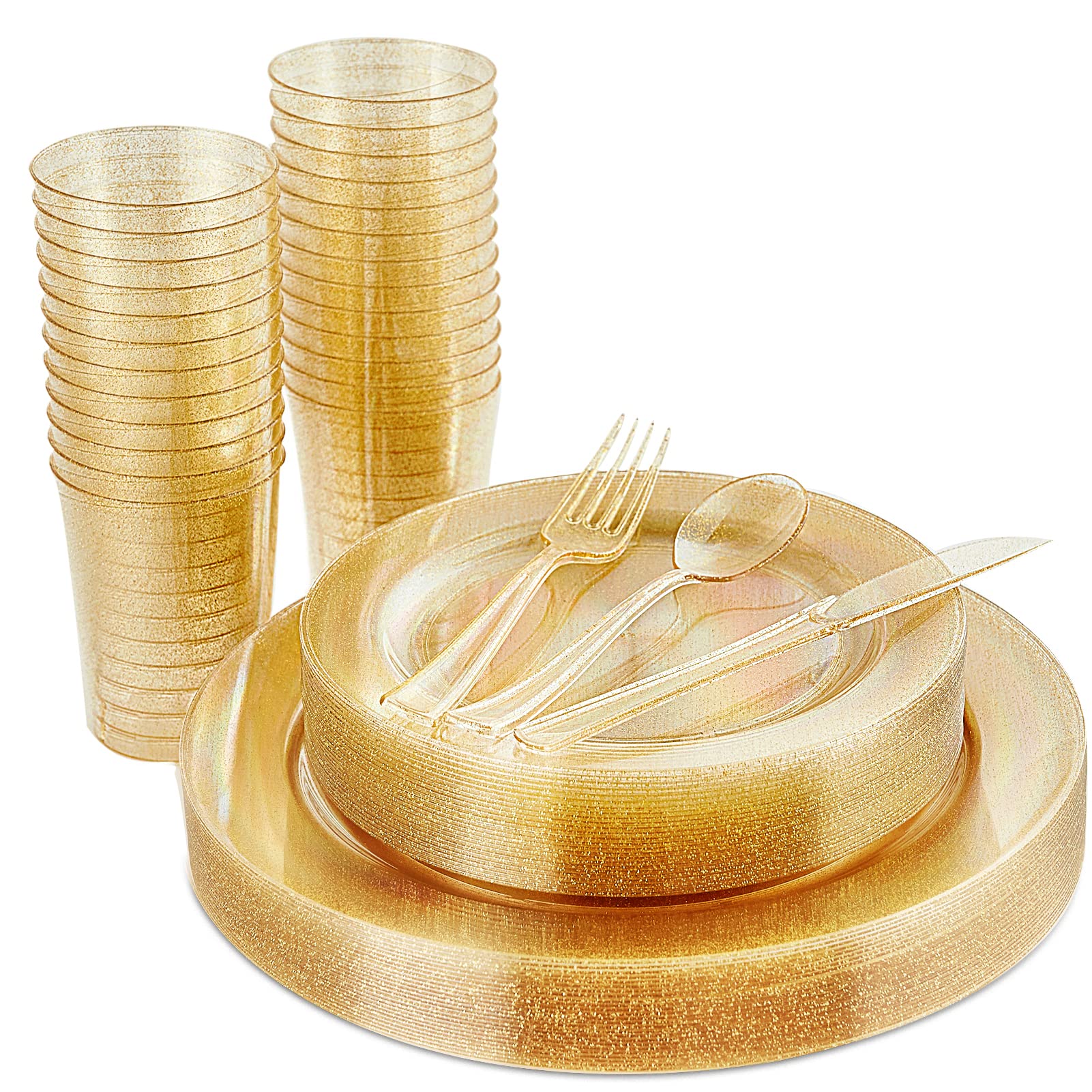 Vplus 150 pcs Gold Plastic Plates with Disposable Plastic Silverware, Cups, Gold Glitter Design includes Dinner and Salad Plates, Forks, Knives, Spoons, 10 oz Cups