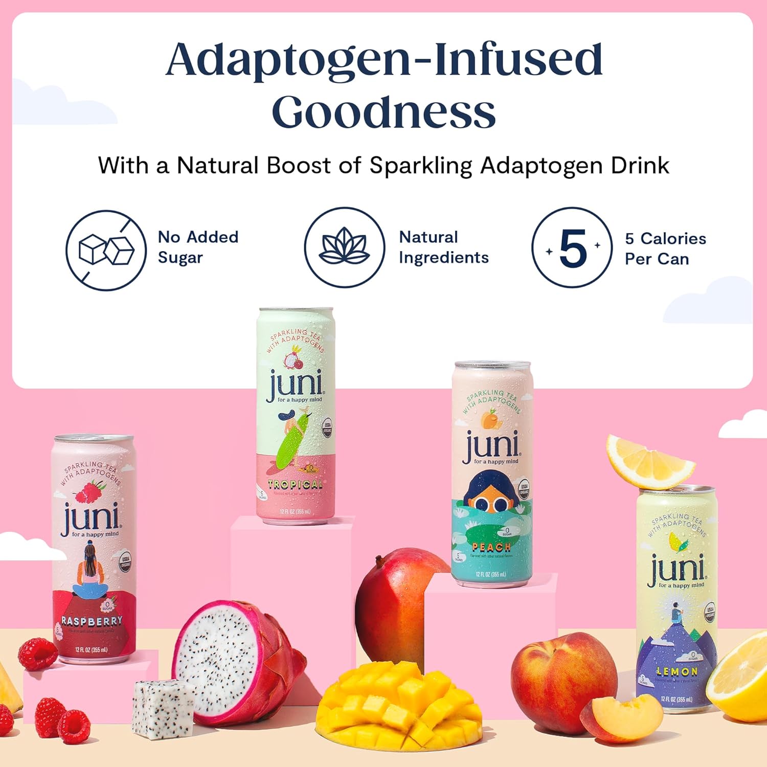 Juni Sparkling Adaptogen Drinks with Ashwagandha, Lion's Mane & Reishi Mushrooms | Zero Sugar, 5 Calories | Strawberry Hibiscus and Peach 24 Pack