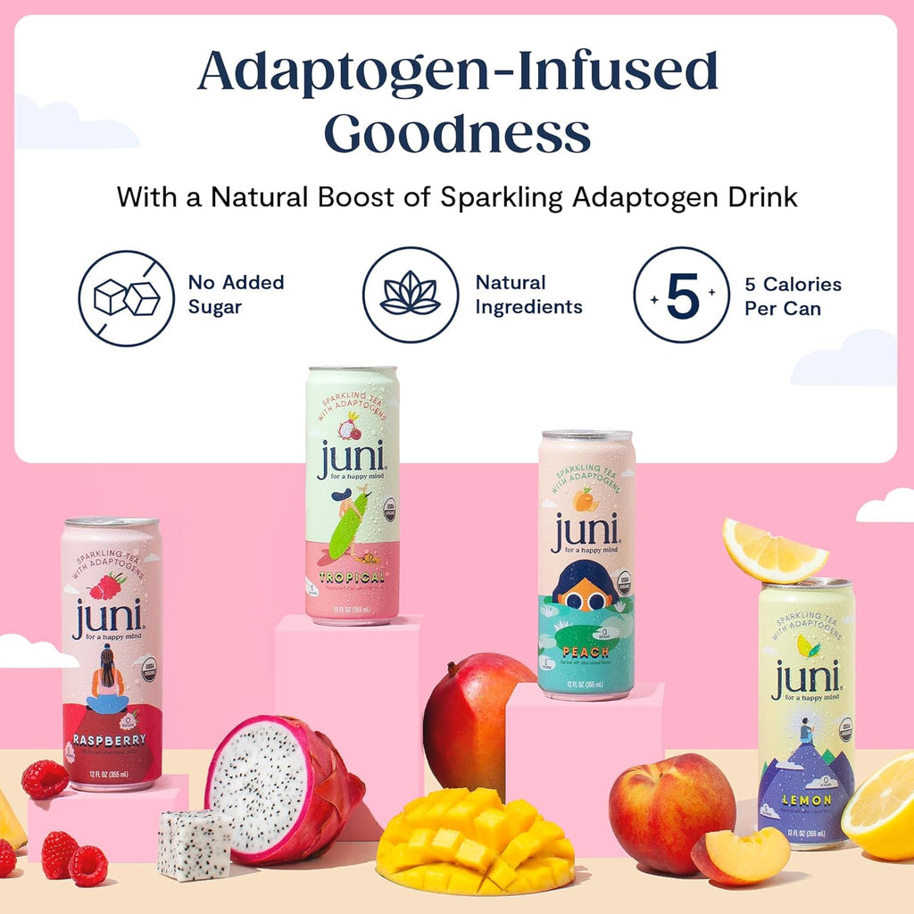 Juni Sparkling Adaptogen Drinks for Calm and Focus, Ashwagandha, Lion's Mane & Reishi Mushrooms, 30mg Green Tea Caffeine, Zero Sugar, Peach and Raspberry 24 Pack
