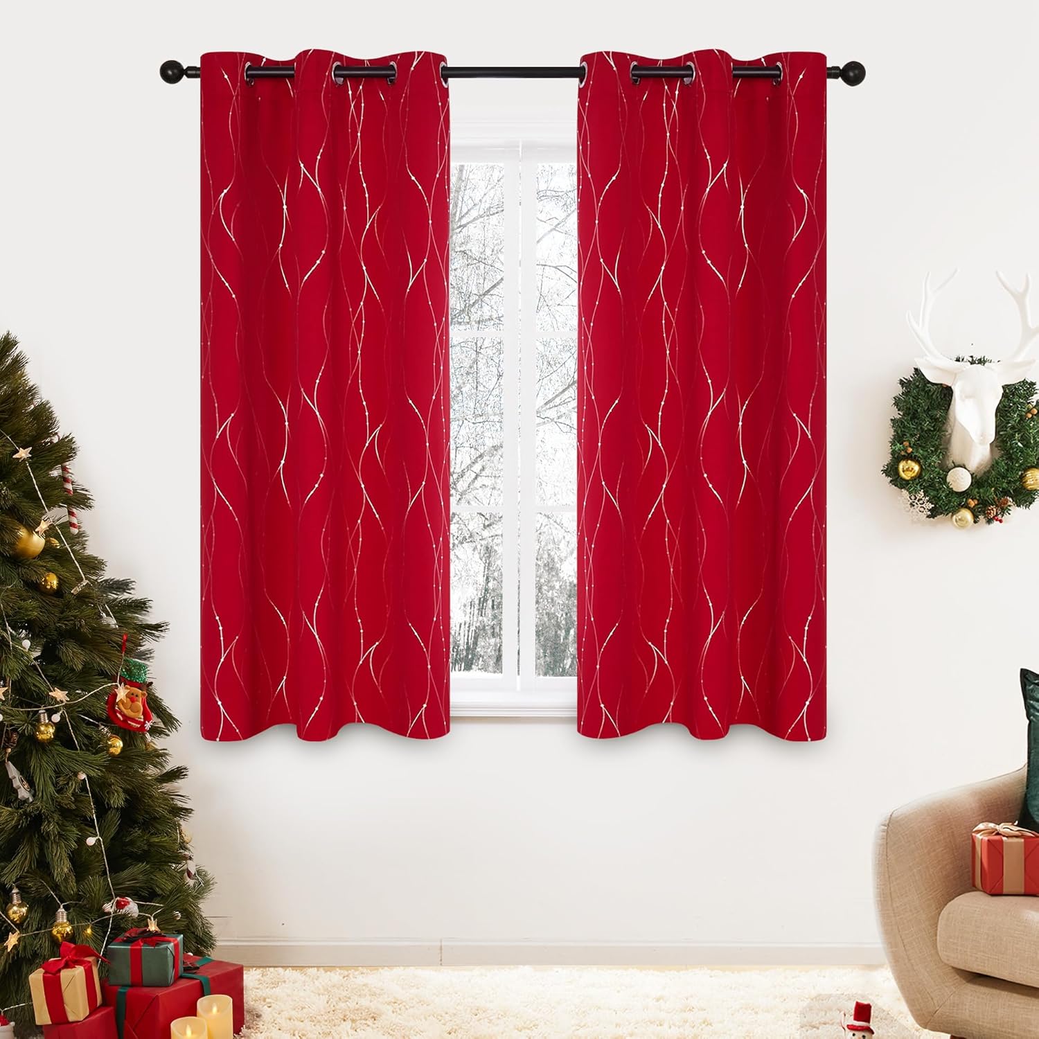 Deconovo Blackout Curtains, Grey Curtain, Thermal Insulated Soundproof Curtain Drapes, Wave Dot Foil Print, 52 x 84 Inch, 2 Panels, Machine‑Washable Privacy Window Drape for Bedroom Living Room Office