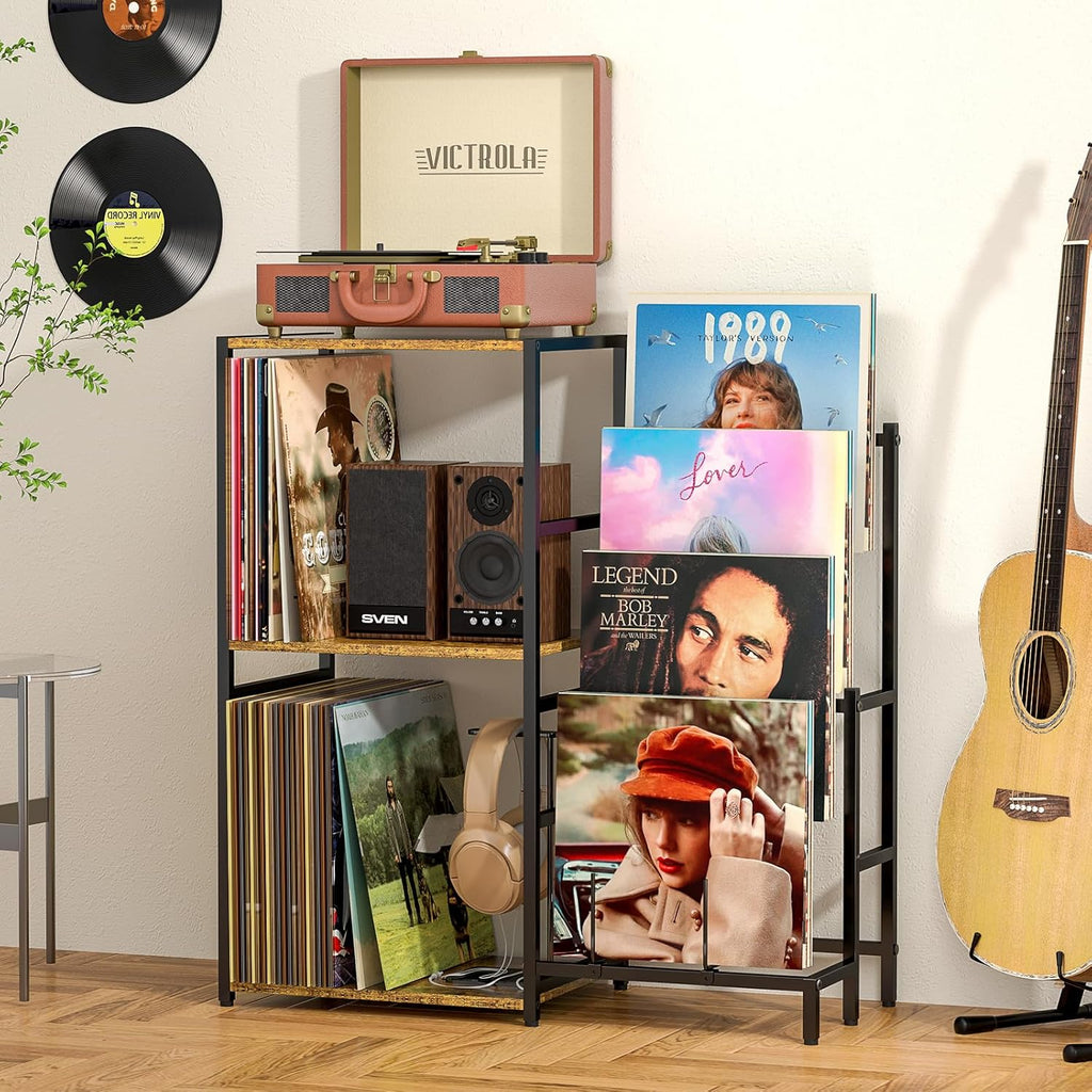 ThreeHio Record Player Stand,Turntable Stand with Vinyl Record Storage, Record Player Table with Vinyl Display Holder Shelf, vinyl Table for Living Room