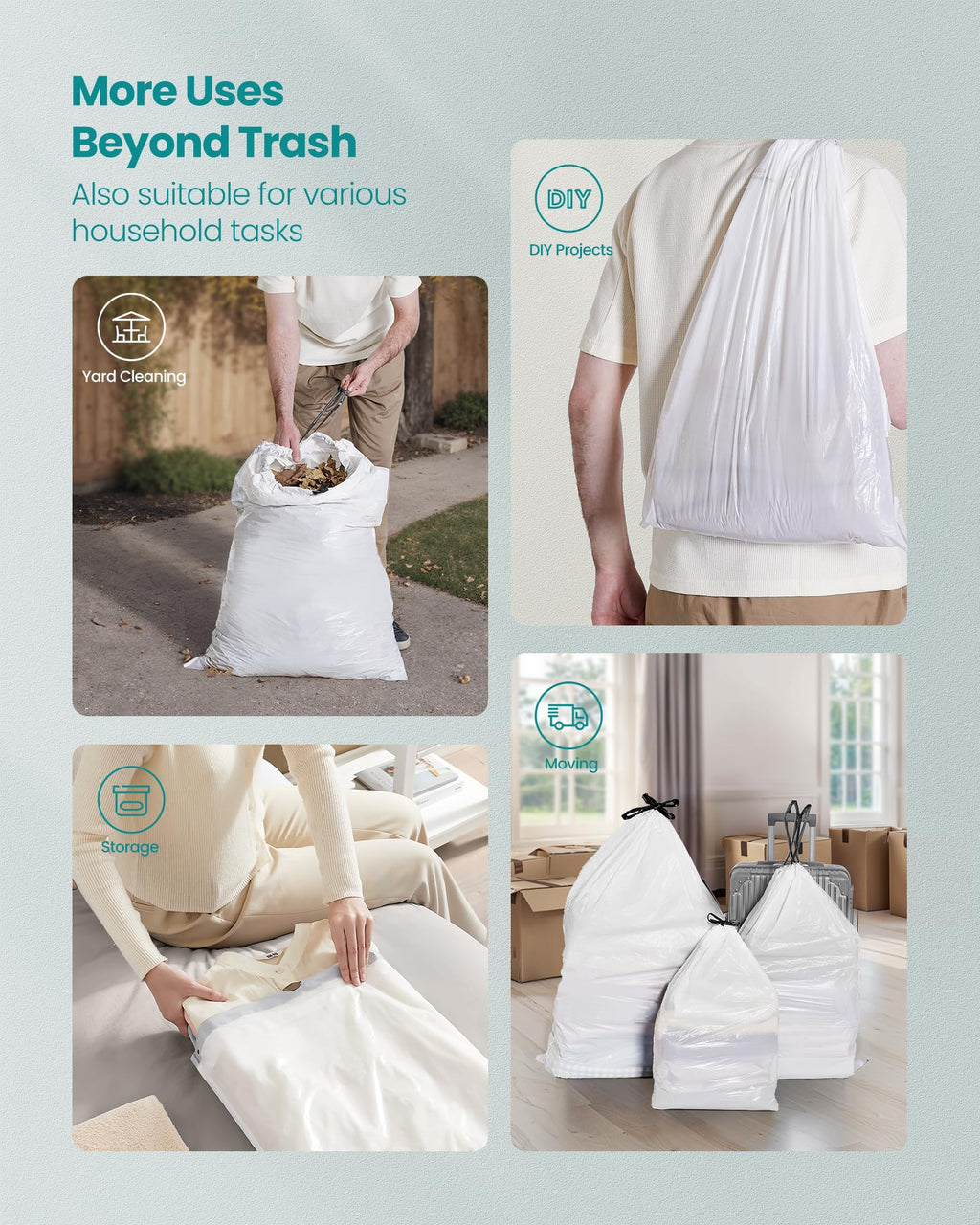 SONGMICS Trash Bags for 8-Gallon (30 L) Trash Cans, Drawstring Kitchen Garbage Bags, Pre-Separated, Liner Code 30A, 2 Rolls, 90 Count, White UKRB30A02