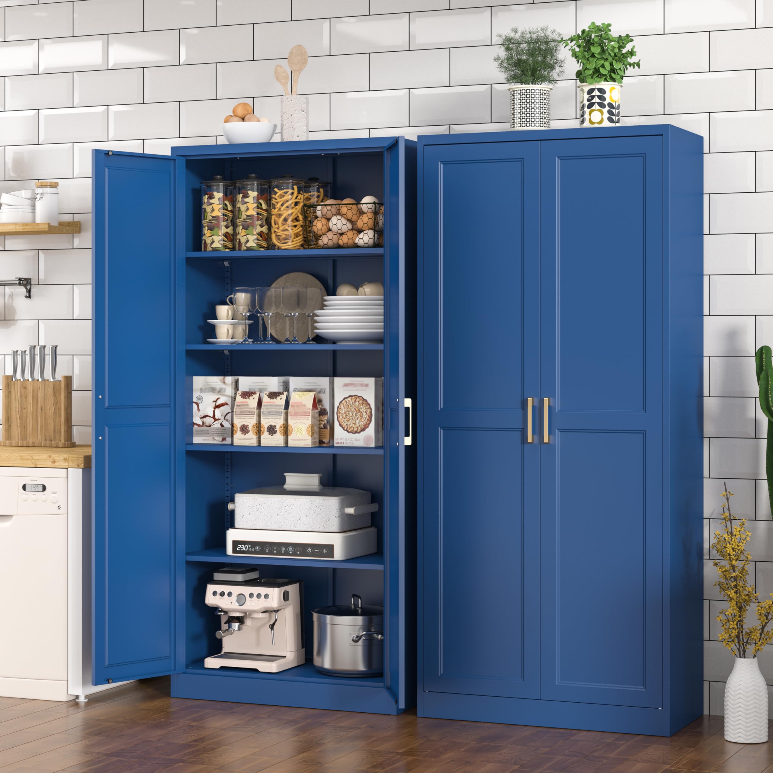 Polup White Kitchen Pantry Cabinet, 71 Inch Tall Metal Storage Cabinet with Doors and Shelves, Pantry Cabinets for Kitchen Storage, Freestanding Cupboard for Living, Dining Room, Assemble Required