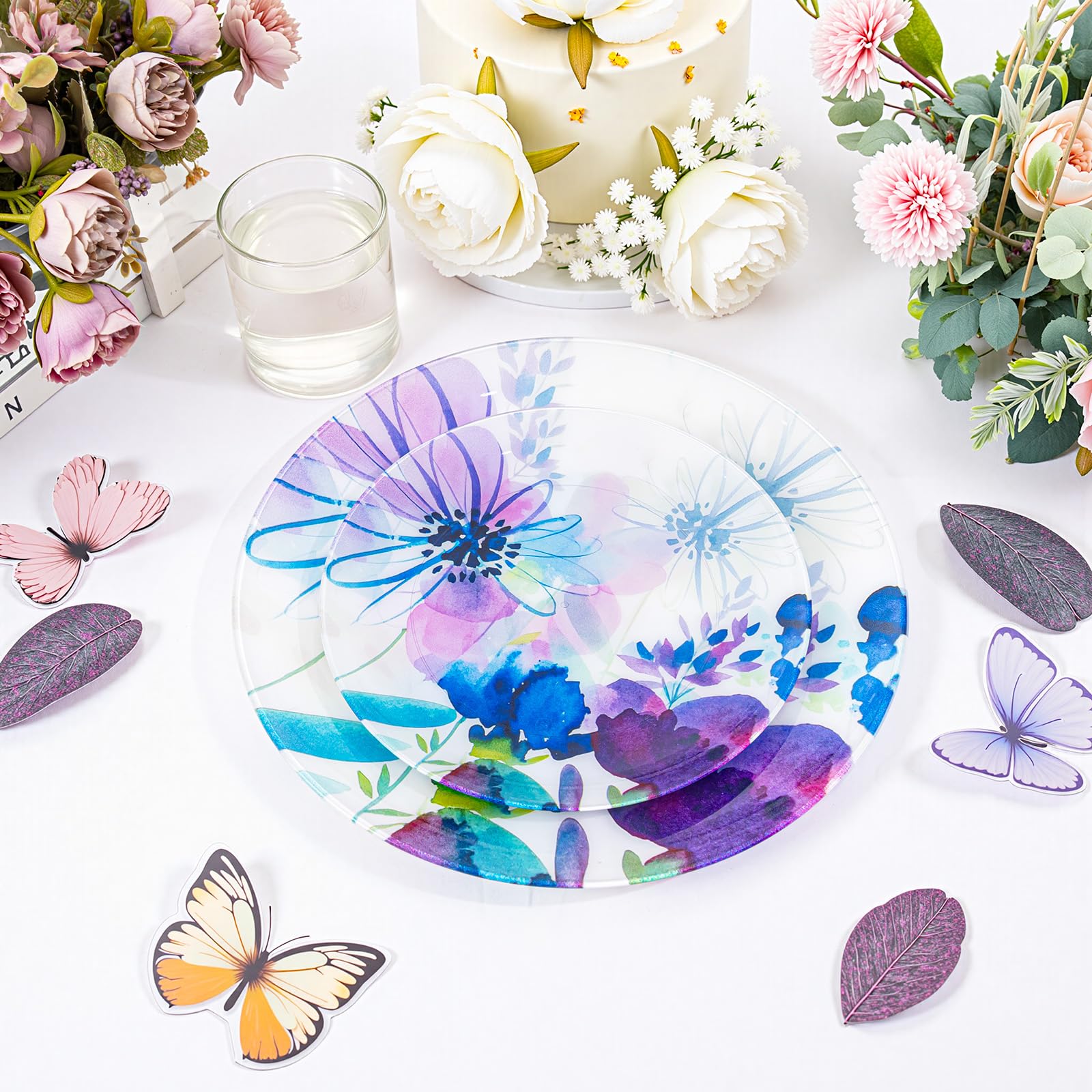 DaYammi 20Pcs Floral Disposable Plastic Plates-Disposable Heavy duty Watercolor Floral Plastic Plates 10.25 inch Dinner plates and 7.5 inch Dessert plates, Disposable Plate for Party Mother's Day