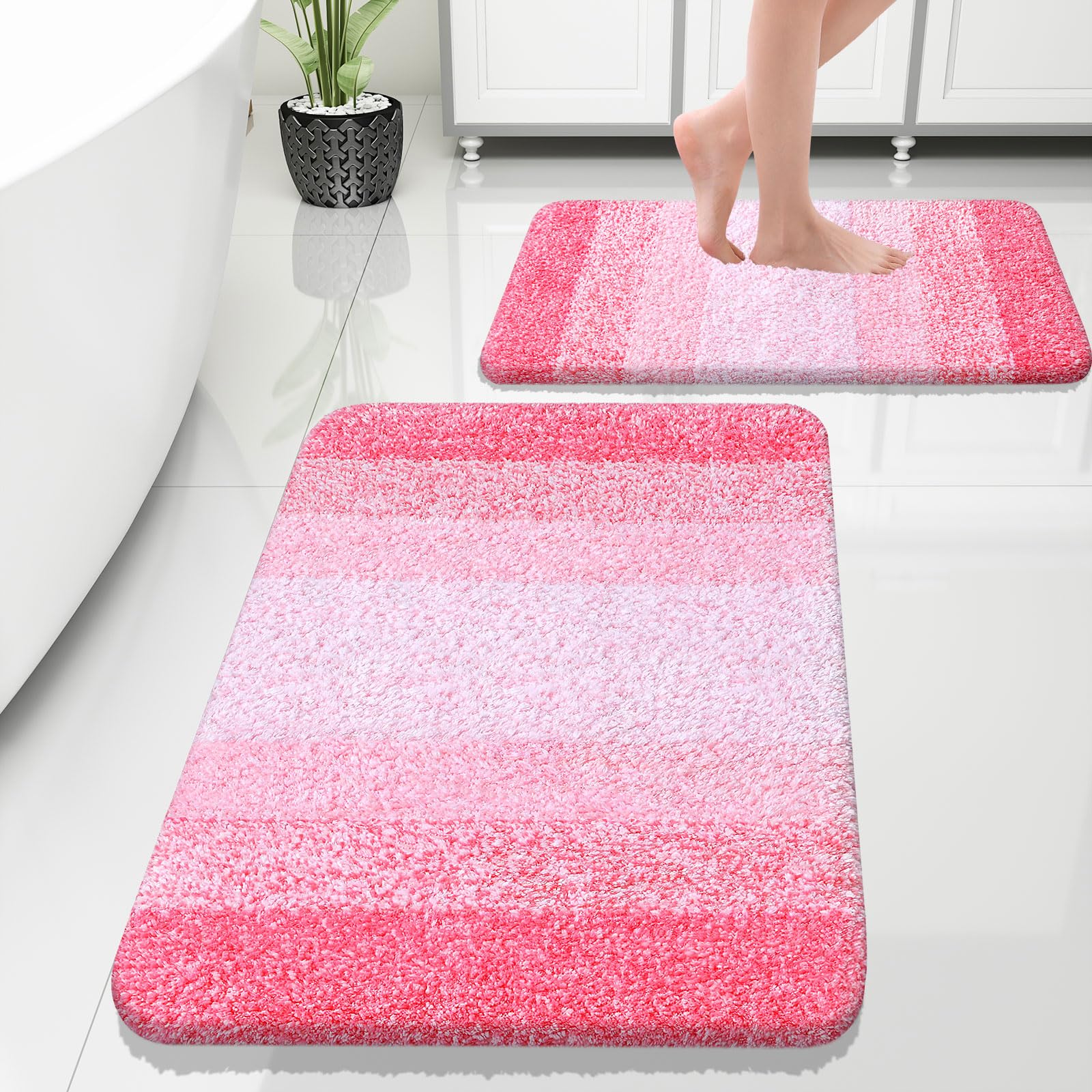 OLANLY Bathroom Rug Set 2 Piece, Soft Absorbent Microfiber Bath Mats and U-Shaped Contour Toilet Rug, Non-Slip, Machine Wash Dry, Plush Shaggy Bath Mats for Bathroom (24"x16"+24"x20", Grey)