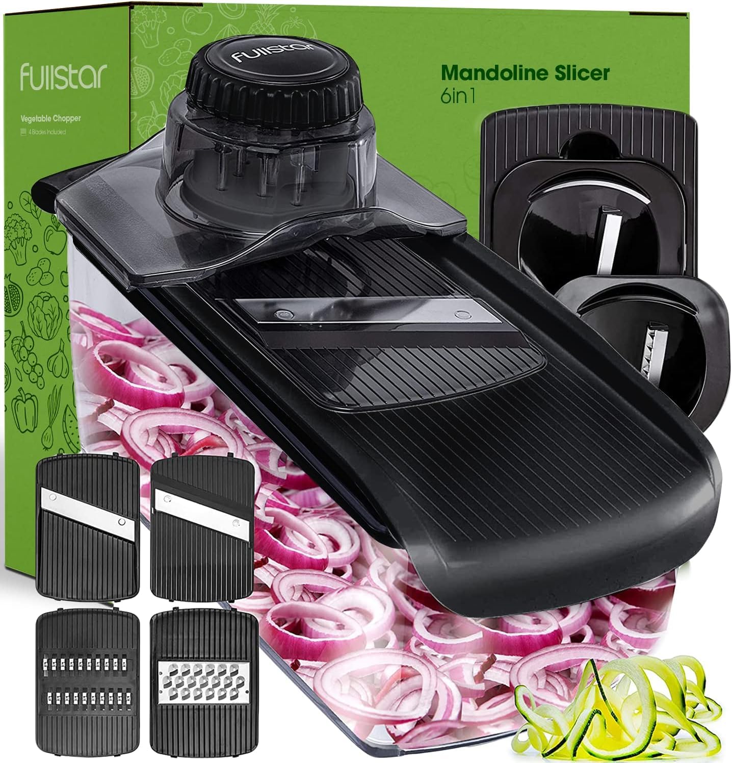 Fullstar Mandoline Slicer for Kitchen, Fruit Cutter, Cheese Grater, Cucumber Slicer, Veggie Spiralizer, Food Cutter & Kitchen Gadgets & Gifts with Safety Glove (6 in 1, White)