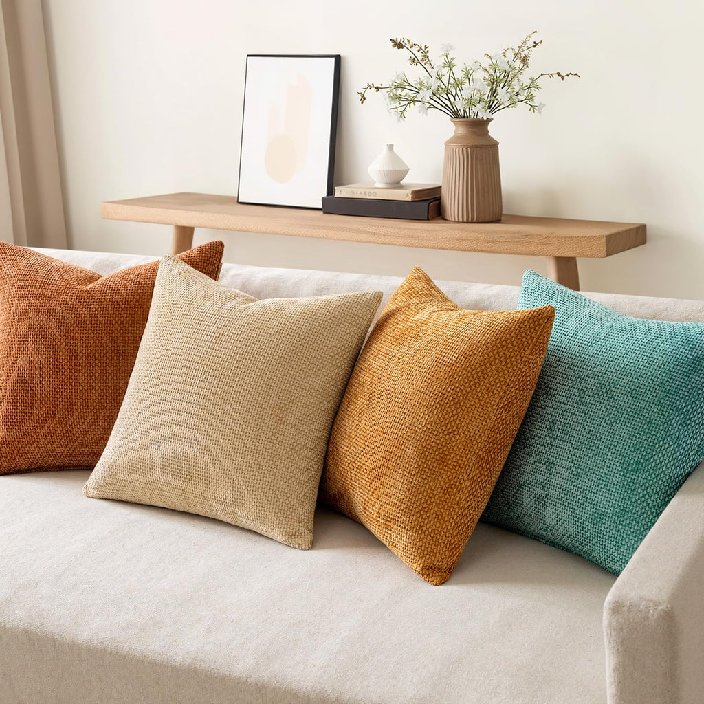 MIULEE Pack of 4 Couch Throw Pillow Covers 18x18 Inch Neutral Blue Soft Decorative Chenille Pillow Covers Farmhouse Accent Cushion Covers for Boho Western Spring Coastal Decor Sofa Bed Living Room