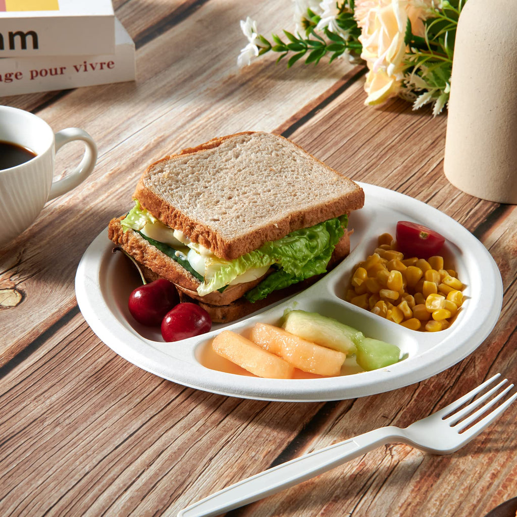 Vplus 200 Pack Paper Plates 7 inch 100% Compostable, Heavy-Duty Disposable Paper Plates Bagasse Natural Biodegradable Eco-Friendly Sugarcane