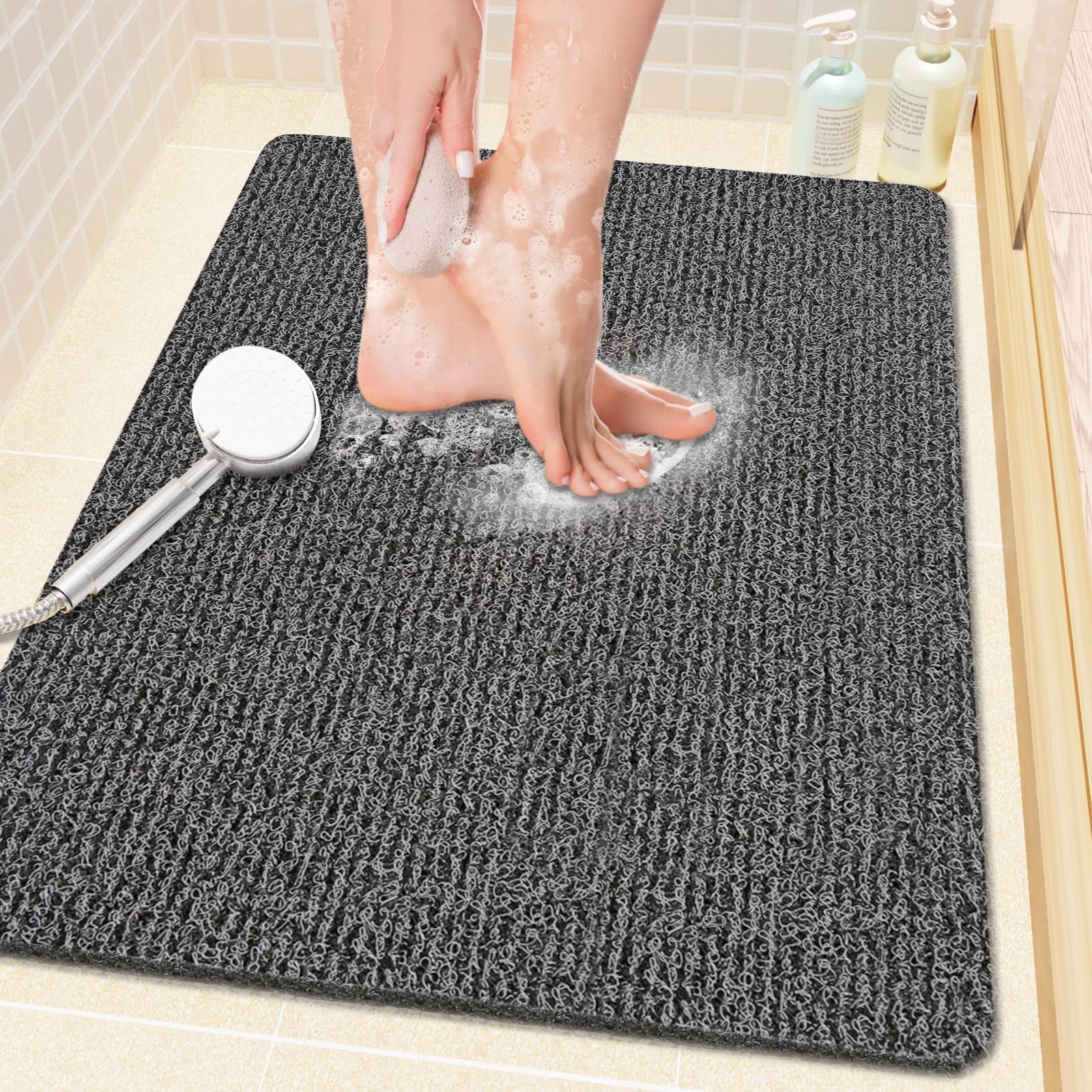 PVC Loofah Shower/Bathtub Mat Non-Slip, 24x16 inch, Soft Tub Mat with Drain, for Tub and Bathroom,Quick Drying,Grey