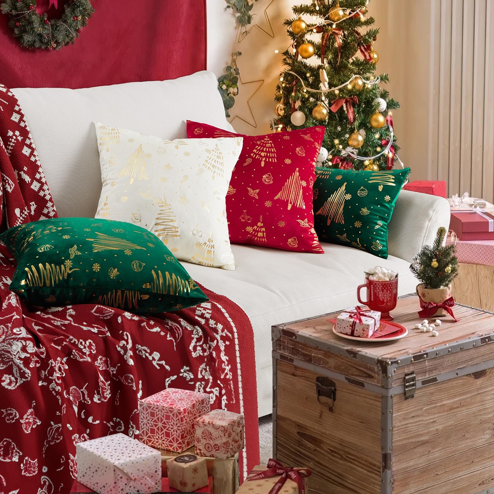 Topfinel Christmas Velvet Throw Pillow Covers Set of 2,Decorative Pillow Cover Red Xmas Gold Stamping Cushion Cases for Bedroom Livingroom Couch Christmas Indoor Home Decor 18x18 Inches