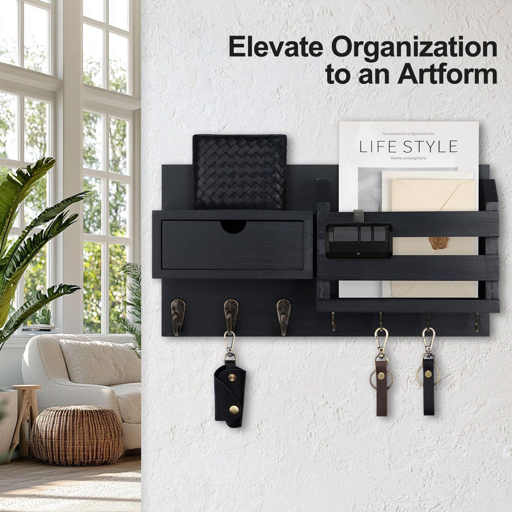 Wall Mount Key Holder with Mail Organizer, 100% Paulownia Wood, 7 Metal Hooks, Storage Drawer, Entryway Home Decor (Brown)