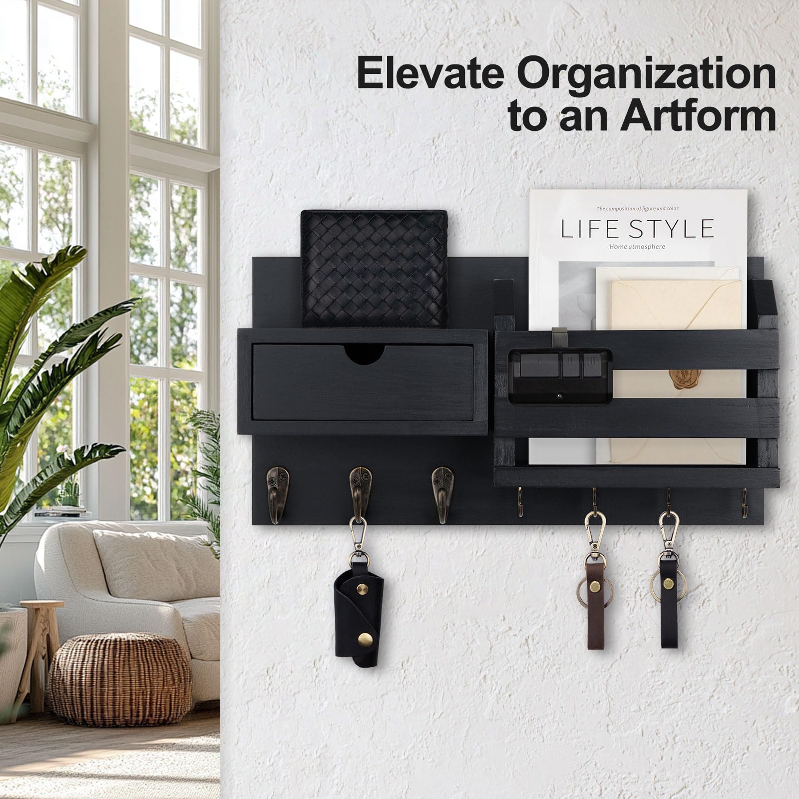 Wall Mount Key Holder with Mail Organizer, 100% Paulownia Wood, 7 Metal Hooks, Storage Drawer, Entryway Home Decor (Brown)