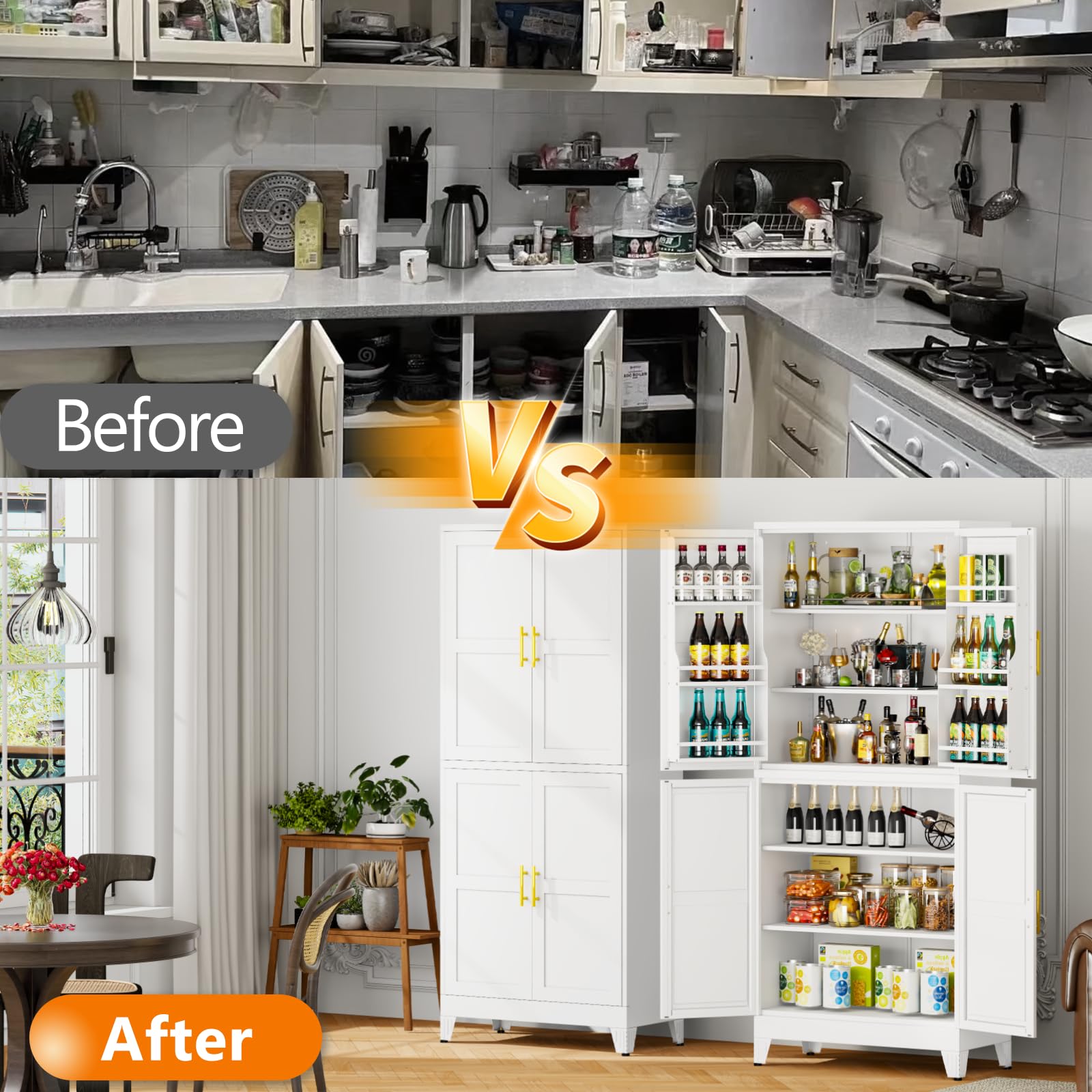 GAIOUS Metal Pantry Cabinet, Kitchen Pantry Storage Cabinets with 2 Door and 3 Adjustable Shelves, White Kitchen Pantry Cabinet, Freestanding Cupboard for Dining Room Living Room Bathroom