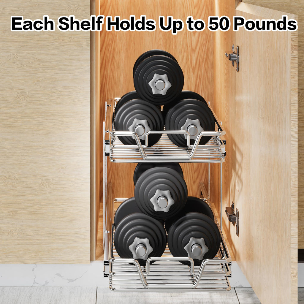 2-Tier Kitchen Cabinet,Pull Out Cabinet Organizer,Shelf and Drawer Organizer Slide Out Pantry Storaqe Basket in Multiple Sizes (12" W x21 D)