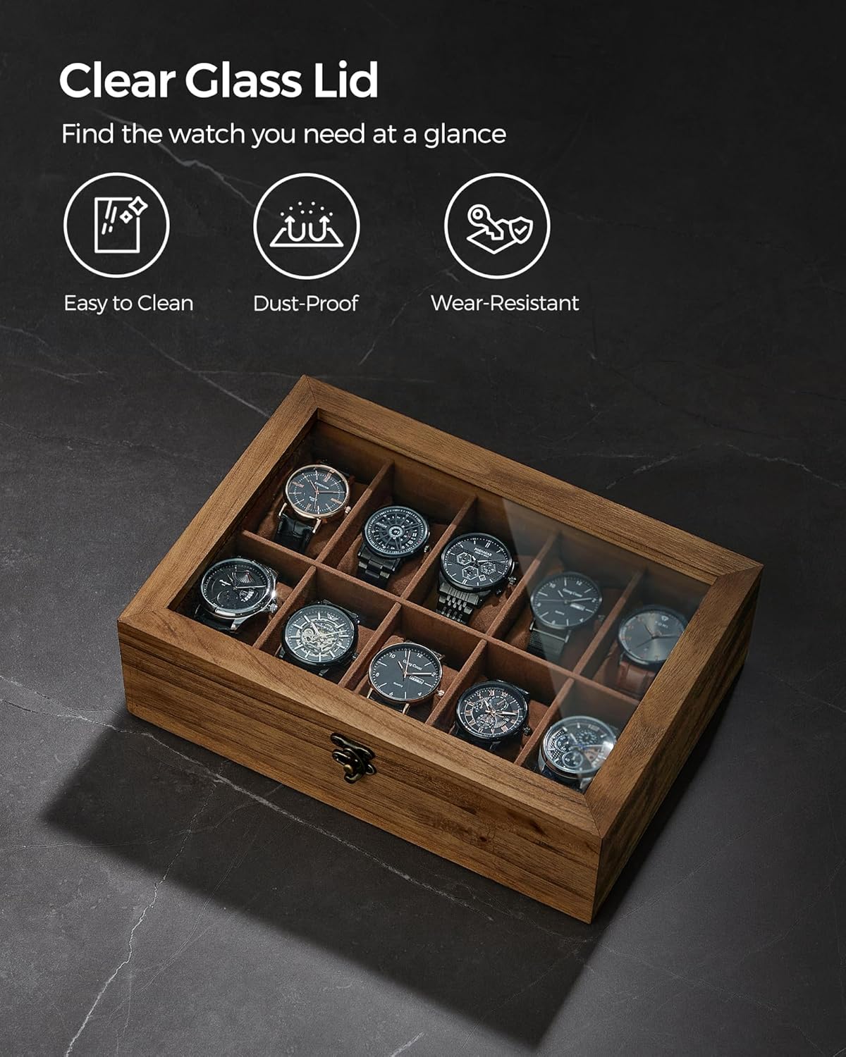 SONGMICS 10-Slot Watch Box, Watch Display Case with Large Glass Lid, Removable Watch Pillows, Velvet Lining, Gift Idea, Rustic Walnut UJOW100K01