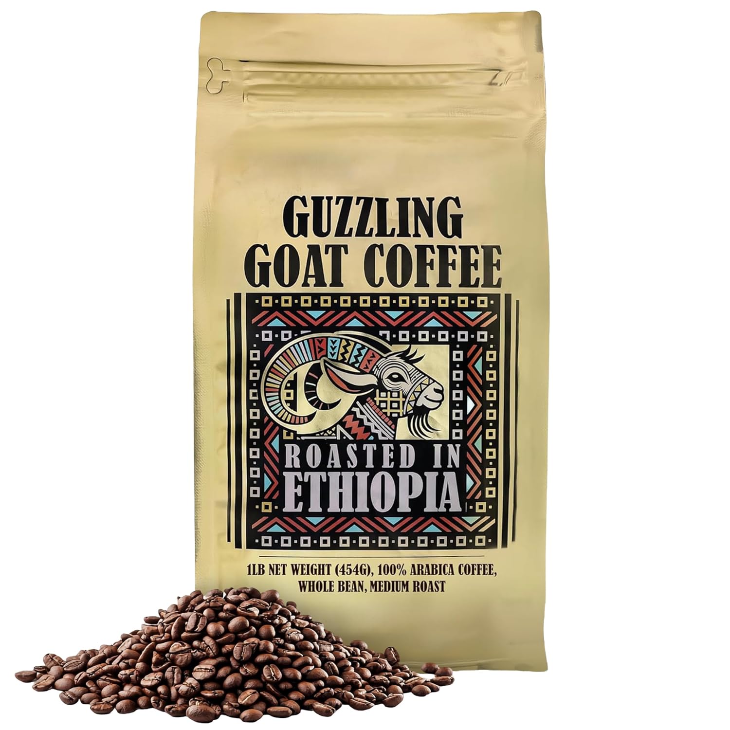 Guzzling Goat Ethiopian Coffee Beans | Premium 100% Arabica Whole Bean Coffee Medium Roast | Strong Flavorful Brew | Sourced & Roasted in Ethiopia | 1 lb (454g)