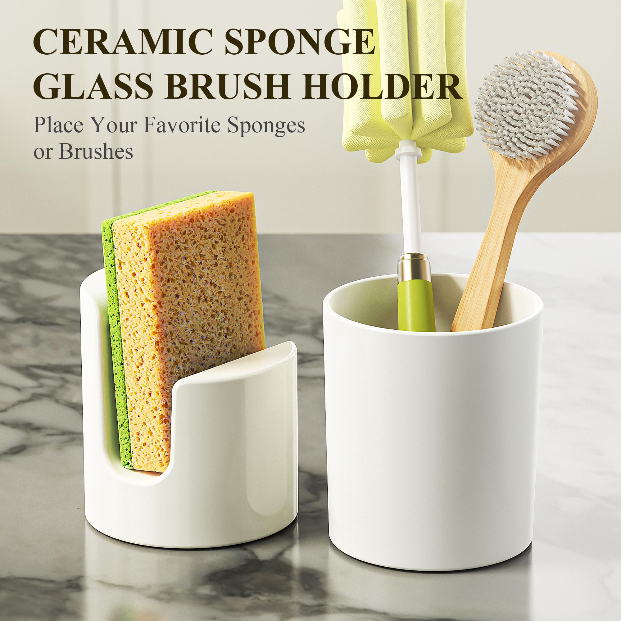 Cisily Kitchen Soap Dispenser Set Comes with Ceramics Sponge Holder, Gold Pumps, and Instant Dry Tray, Hand and Dish Soap Dispenser Set (4, Gold + White + Sponge Holder)