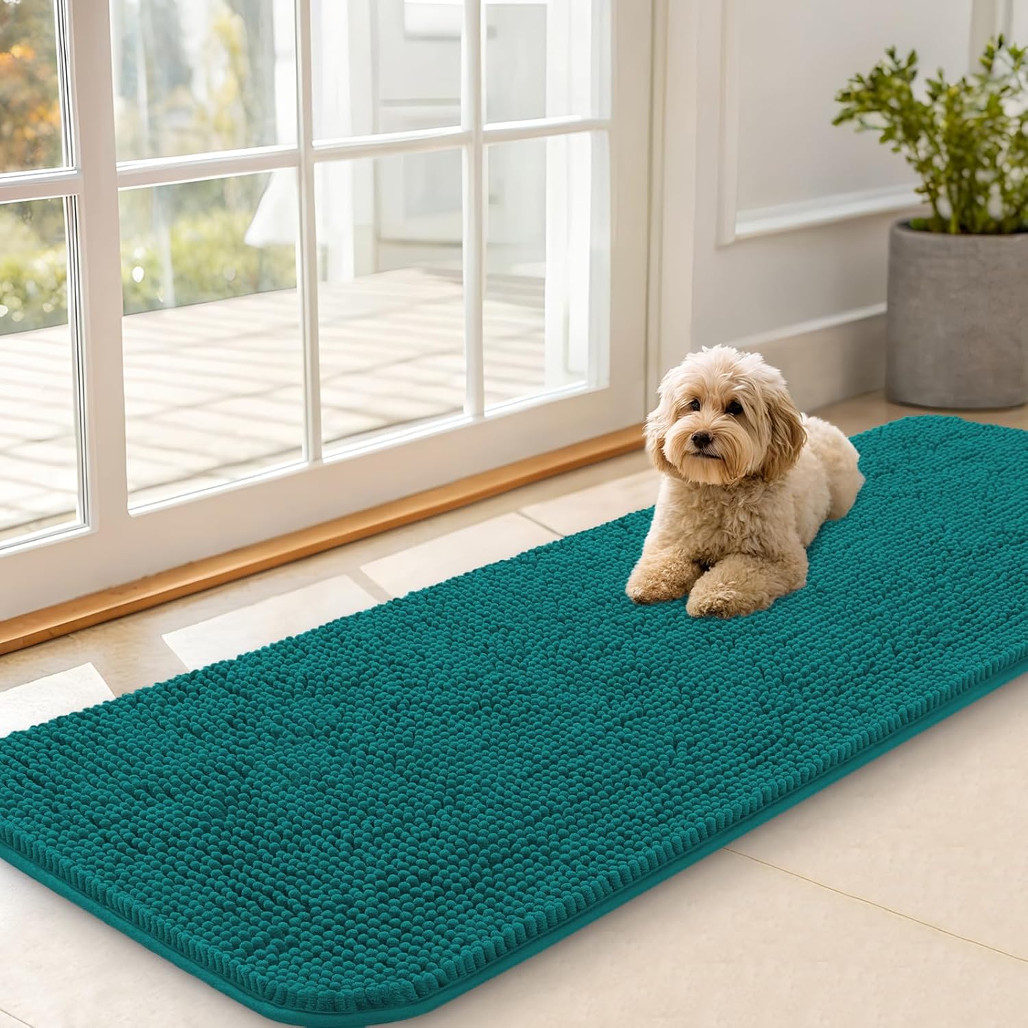 OLANLY Dog Door Mat for Muddy Paws 70x24, Absorbs Moisture and Dirt, Absorbent Non-Slip Washable Doormat, Quick Dry Chenille Mud Mat for Dogs, Entry Indoor Entryway Carpet for Inside Floor, Beige