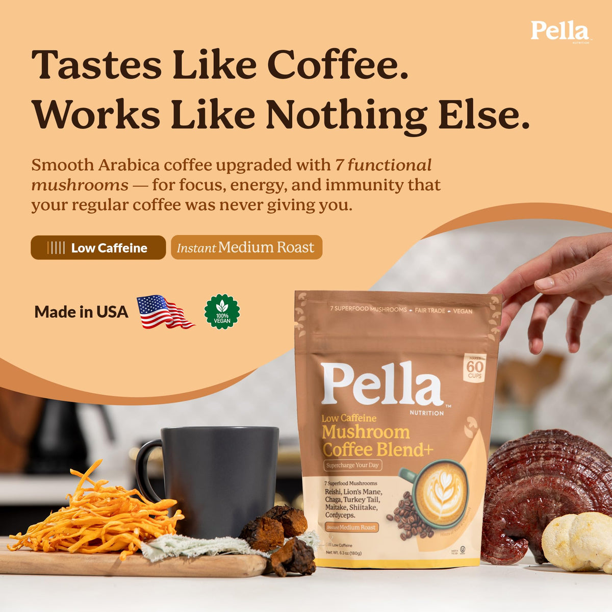 Pella Nutrition Instant Mushroom Coffee Powder - Regular Caffeine, 60 Cups