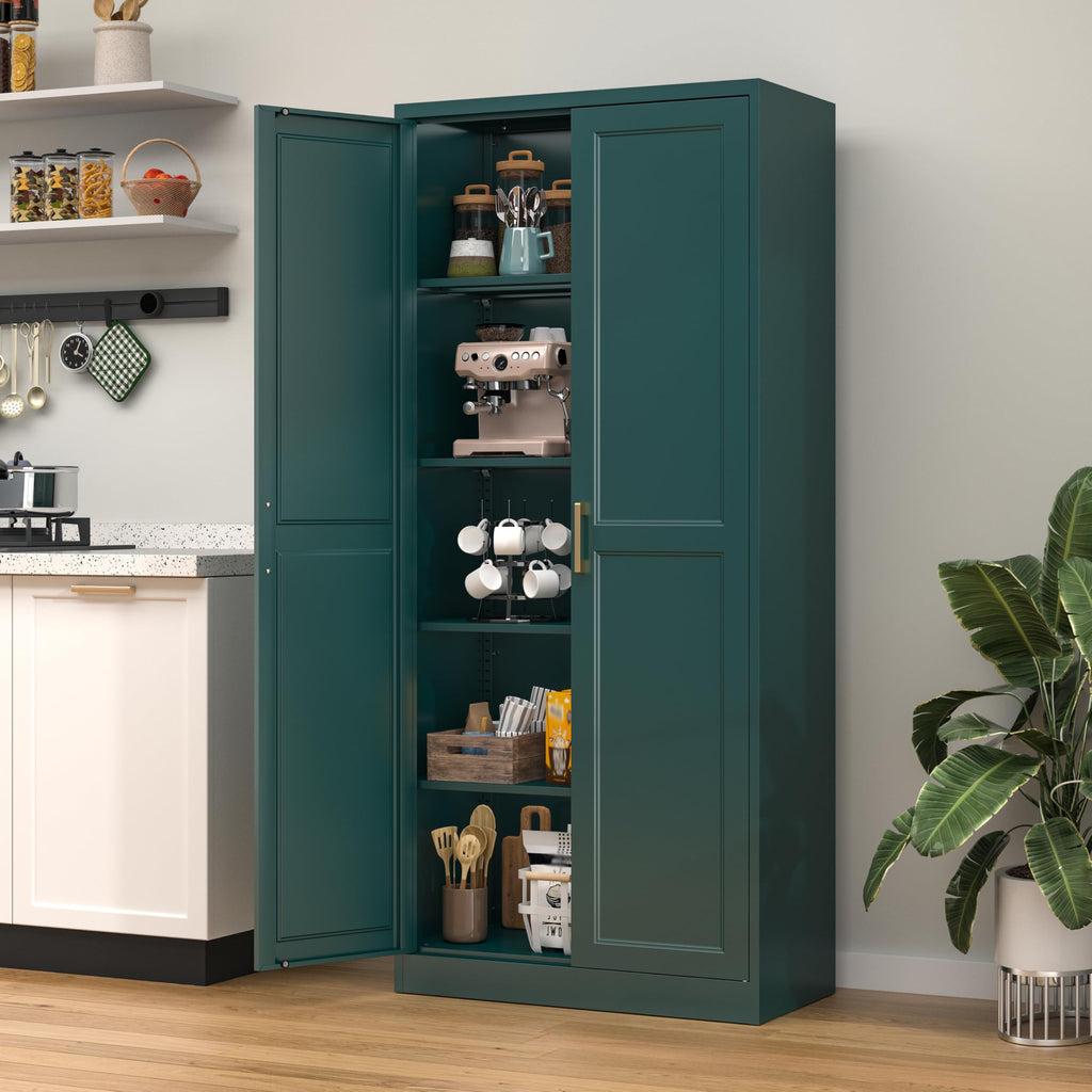 75" Tall Metal Kitchen Storage Cabinet,White Kitchen Pantry Storage Cabinet with Doors and 4 Adjustable Shelves,Utility Cabinet for Living Room,Garage,Dining Room and Office,Assemble Required