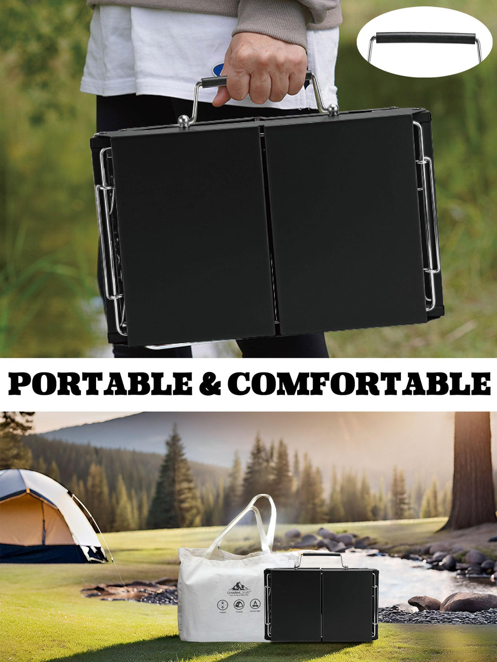 Charmline 14 x 9 inches Portable Charcoal BBQ Grill, Foldable Compact Camping Barbecue for 1–3 People, Ideal for Garden, Beach, Picnic & Tabletop Use, Green