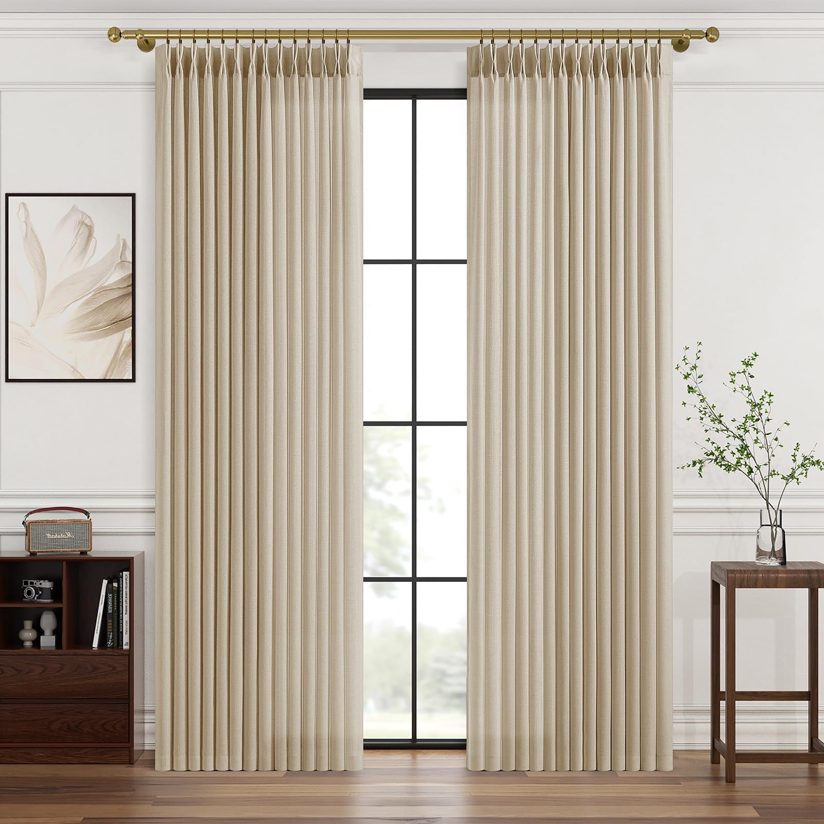 Pinch Pleated Linen Curtains 96 Inches Extra Long Olive Green Drapes, Thick Linen Light Filtering Memory Trained Pleat Curtain for Living Room and Bedroom Privacy 2 Panels Texture with Back Tab