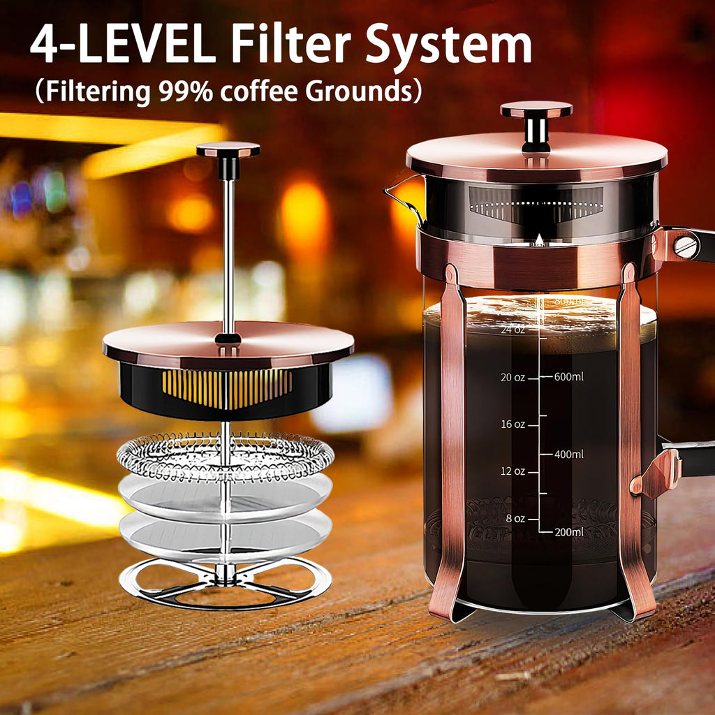 YMMIND French Press Coffee Maker 304 Stainless Steel Coffee Press,with 4 Filters System, Heat Resistant Thickness Borosilicate French Press Glass, BPA-Free Brewed Tea Pot Coffee Plunger(Copper 12oz)