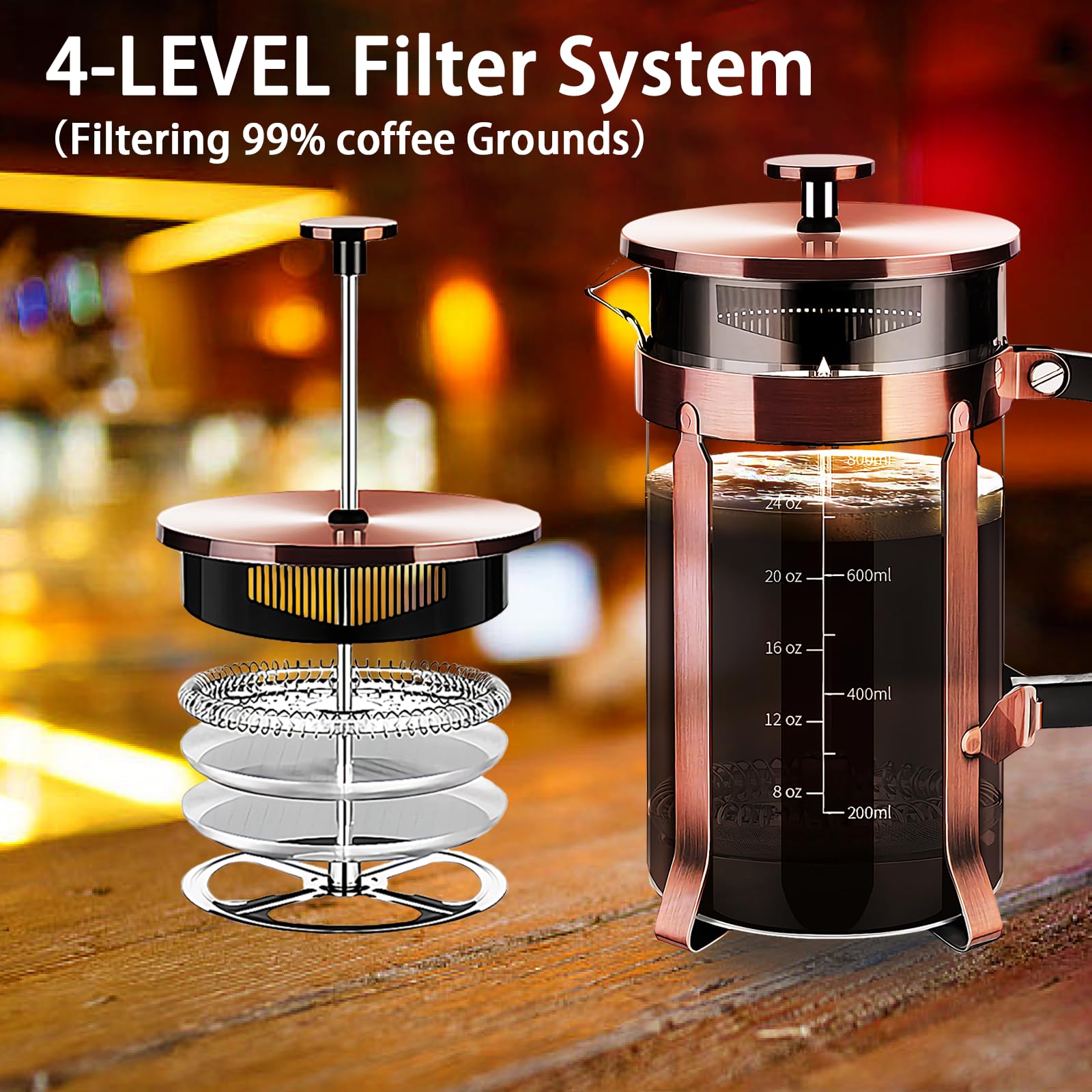 YMMIND French Press Coffee Maker 304 Stainless Steel Coffee Press,with 4 Filters System, Heat Resistant Thickness Borosilicate French Press Glass, BPA-Free Brewed Tea Pot Coffee Plunger(Copper 12oz)