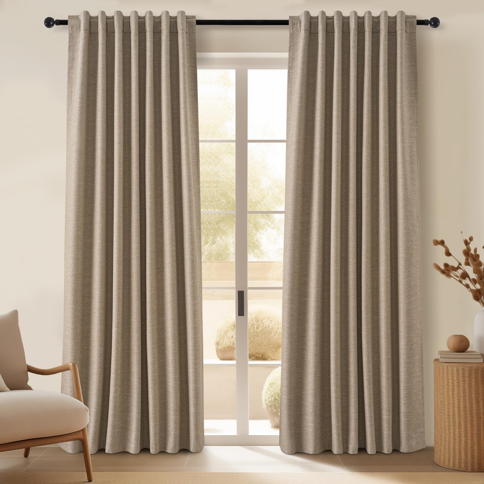 Topfinel Cream Linen Blackout Curtains 84 Inch Long for Bedroom Living Room, Ivory Pinch Pleat Back Tab Full Blackout Drapes Farmhouse Boho Curtains for Window, White Neutral Curtains 52" X 84" 7 FT