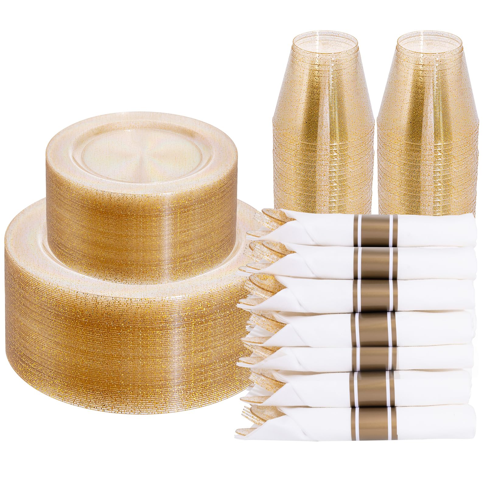 DaYammi 350PCS Gold Plastic Dinnerware Set for 50 Guests, Fancy Disposable Plates for Party, Include: 50 Dinner Plates, 50 Dessert Plates, 50 Pre Rolled Napkins with Gold Silverware, 50 Cups