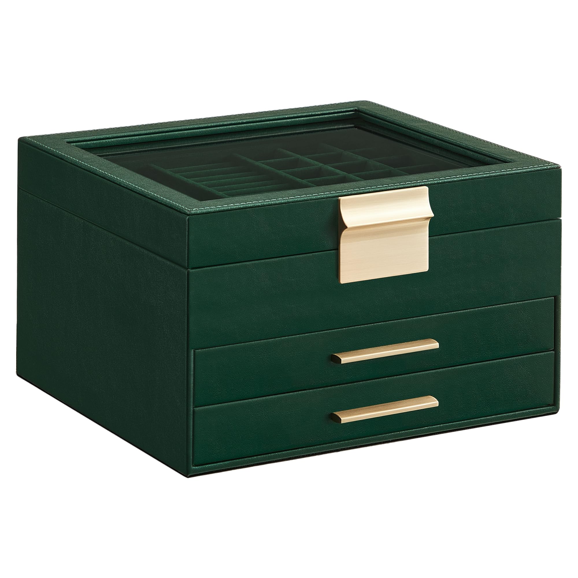 SONGMICS GISELLA Collection - Jewelry Box Organizer, 3-Layer Jewelry Storage with 2 Drawers, Shiny Metal Hardware, Glass Lid, Modern, 8 x 9.1 x 5.3 Inches, Cloud White and Gold Color UJBC239WT