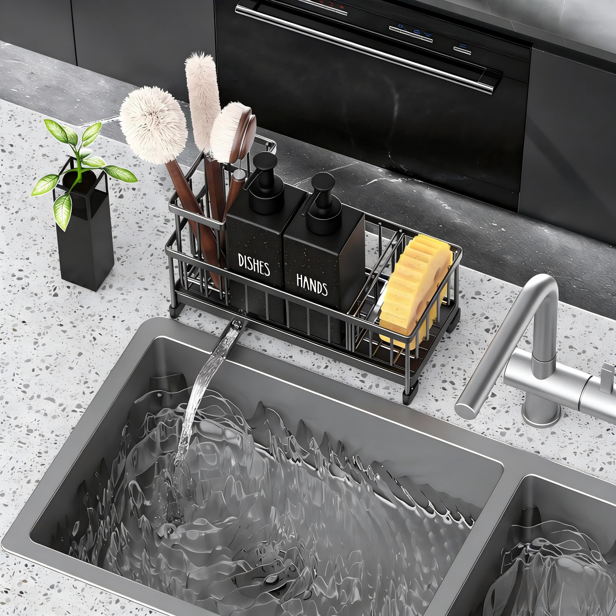 Cisily Juego de dispensador de jabón de cocina con organizador para fregadero, botella de vidrio de 12 onzas, dispensador de jabón para manos y platos con soporte para esponja, accesorios organizadores de fregadero de cocina de acero inoxidable negro