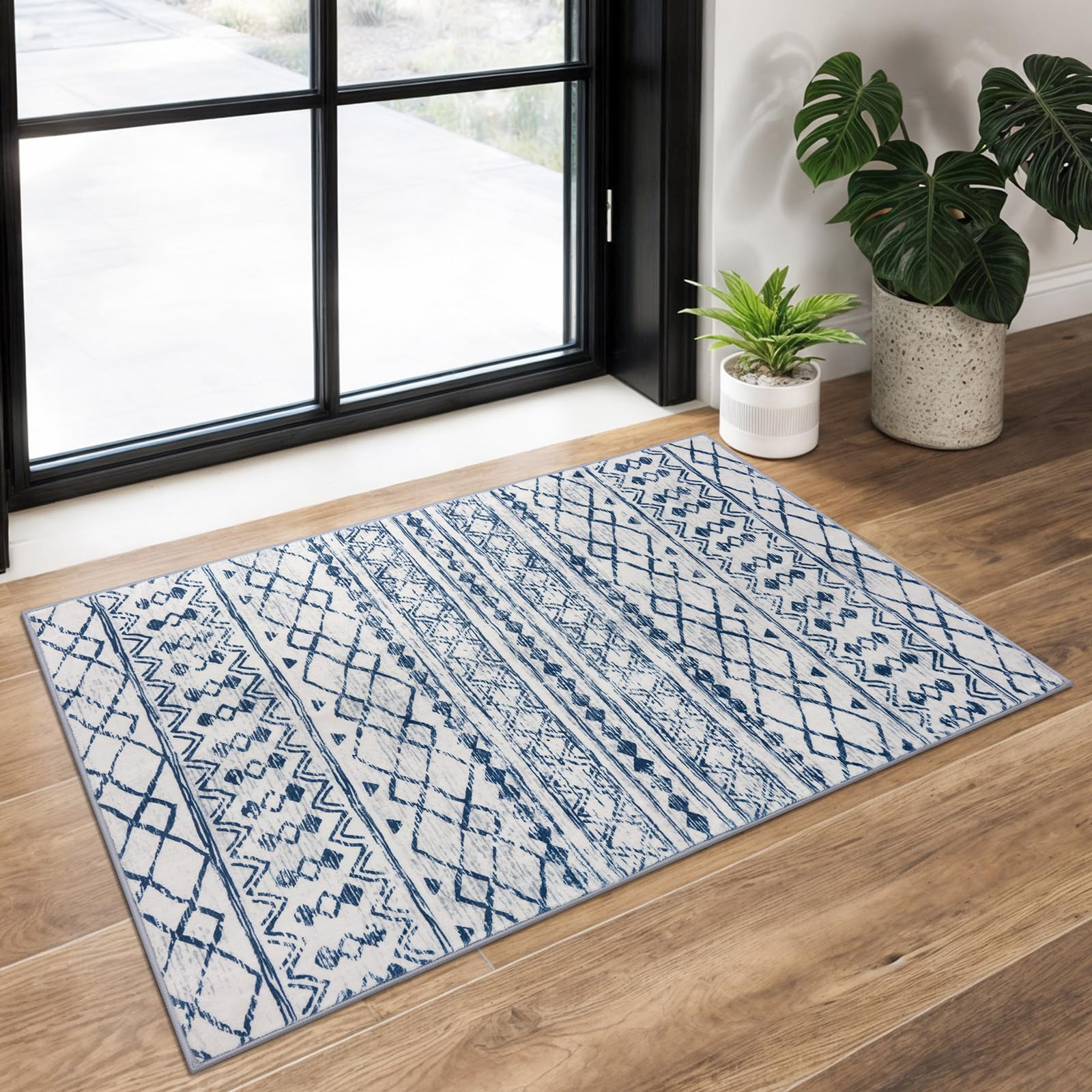 KUTA Washable Non-Slip Rugs for Entryway 2x3, Grey Moroccan Boho Small Area Rug, Ultra Soft Vintage Geometric Low-Pile Indoor Door Mat Floor Carpet for Indoor, Entrance, Kitchen, Bathroom, Bedroom