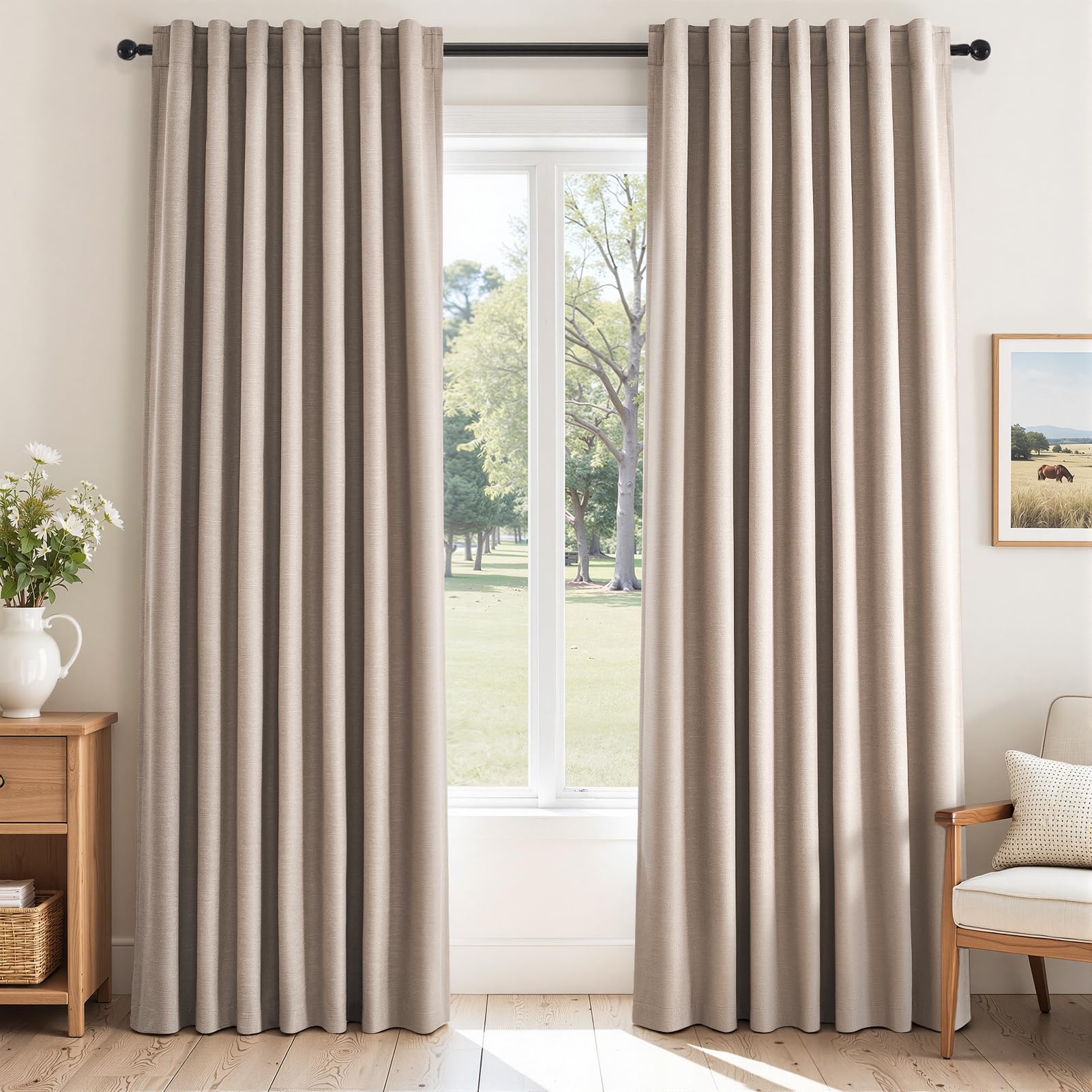 Topfinel Cream Linen Blackout Curtains 84 Inch Long for Bedroom Living Room, Ivory Pinch Pleat Back Tab Full Blackout Drapes Farmhouse Boho Curtains for Window, White Neutral Curtains 52" X 84" 7 FT