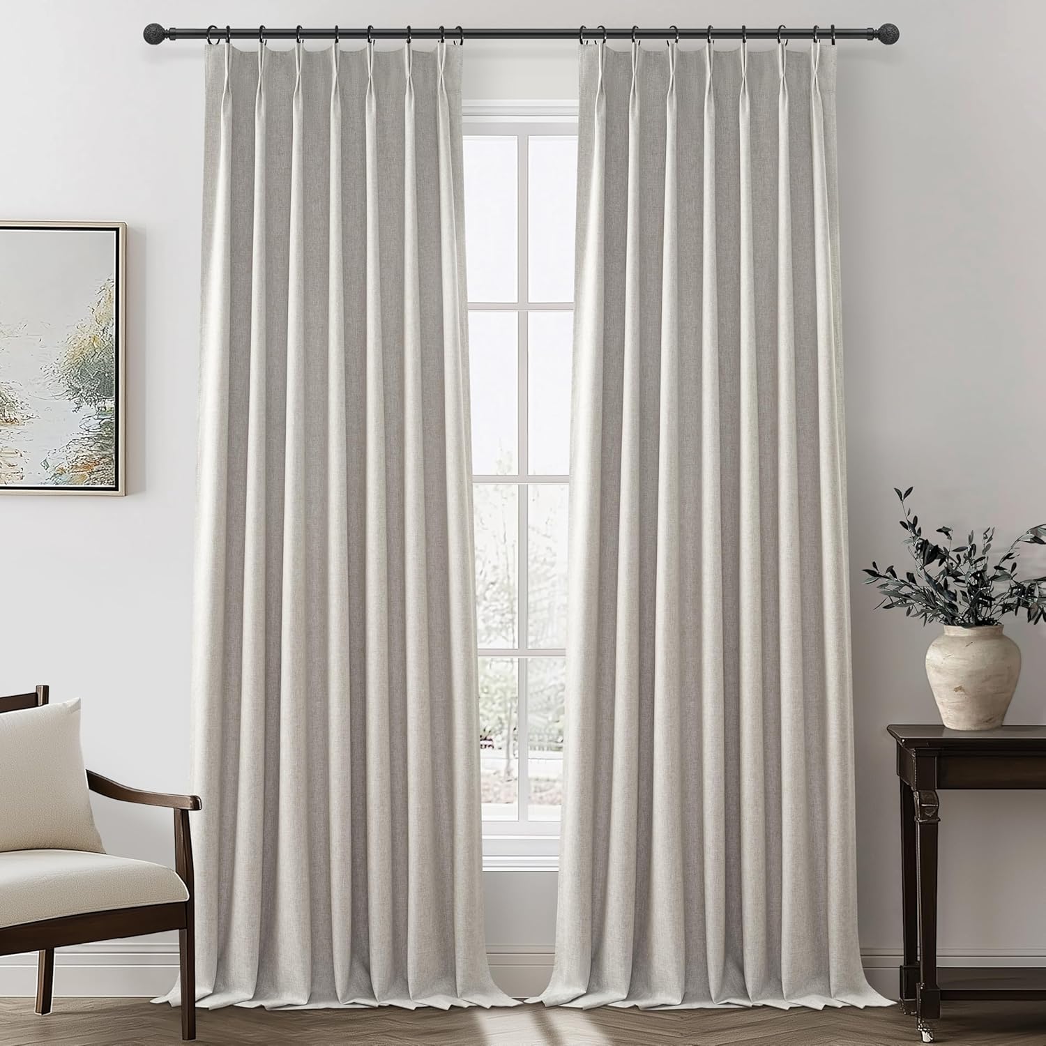 Natural Linen Pinch Pleated Blackout Curtains & Drapes 96 Inch Long Bedroom/Livingroom Farmhouse Curtains 2 Panel Sets, Neutral Track Room Darkening Thermal Insulated 8ft Back Tab Window Curtain
