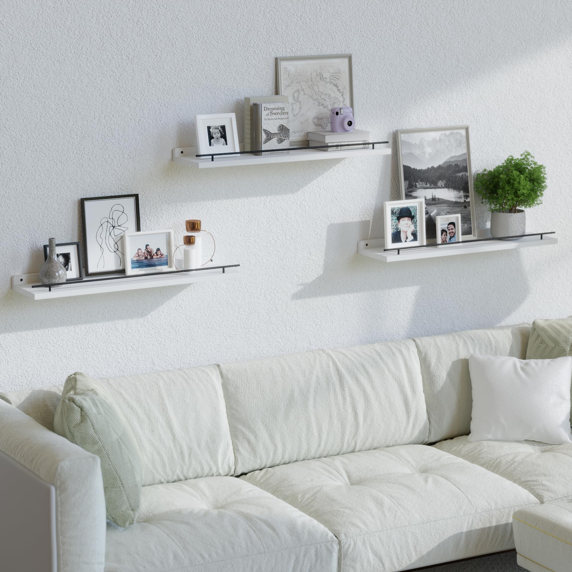WOPITUES Floating Shelves with Black Metal Guardrail, Shelves for Wall Decor Set of 3, Wall Shelves for Bedroom, Bathroom, Kitchen, Living Room, Plants, Picture Frames, Art- Black