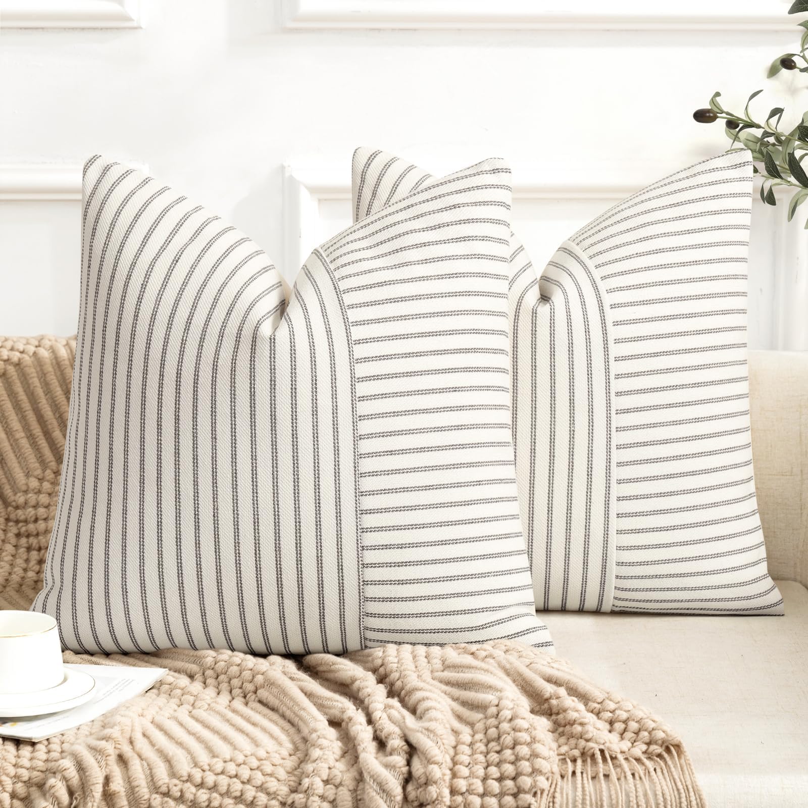 YCOLL Farmhouse Pillow Covers 18x18, Modern Accent Square Throw Pillow Covers Set of 2, Gray and Beige Striped Patchwork Linen Decorative Pillows Cushion Covers for Couch Chair Bedroom Home Decor
