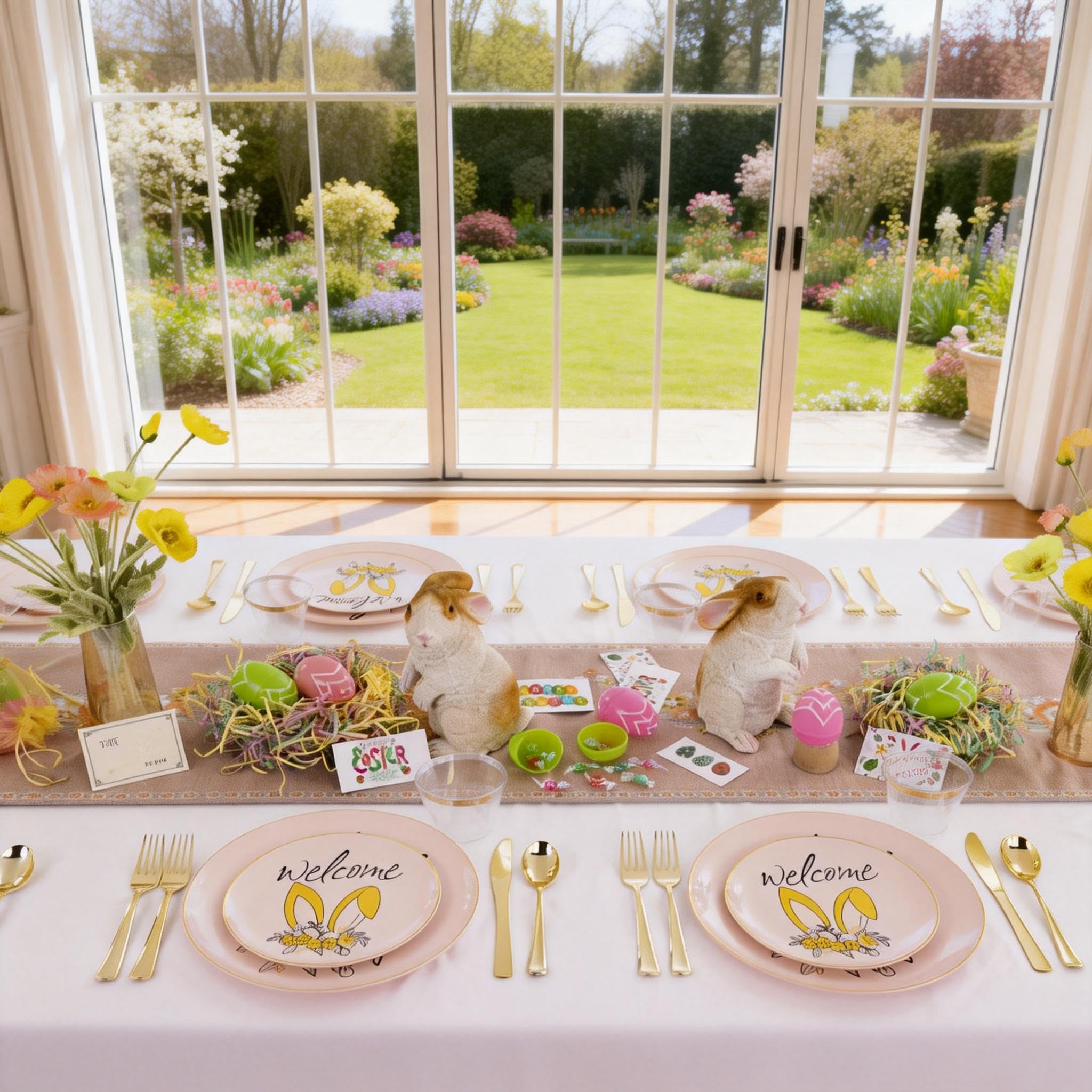 DaYammi 210Pcs White Gold Plastic Plates for Party,Gold Disposable Dinnerware Set Includes 60 gold Floral Plates,30 Plastic Silverware,30 Per Rolled Napkins,30 Cups for Mother's Day Party Wedding