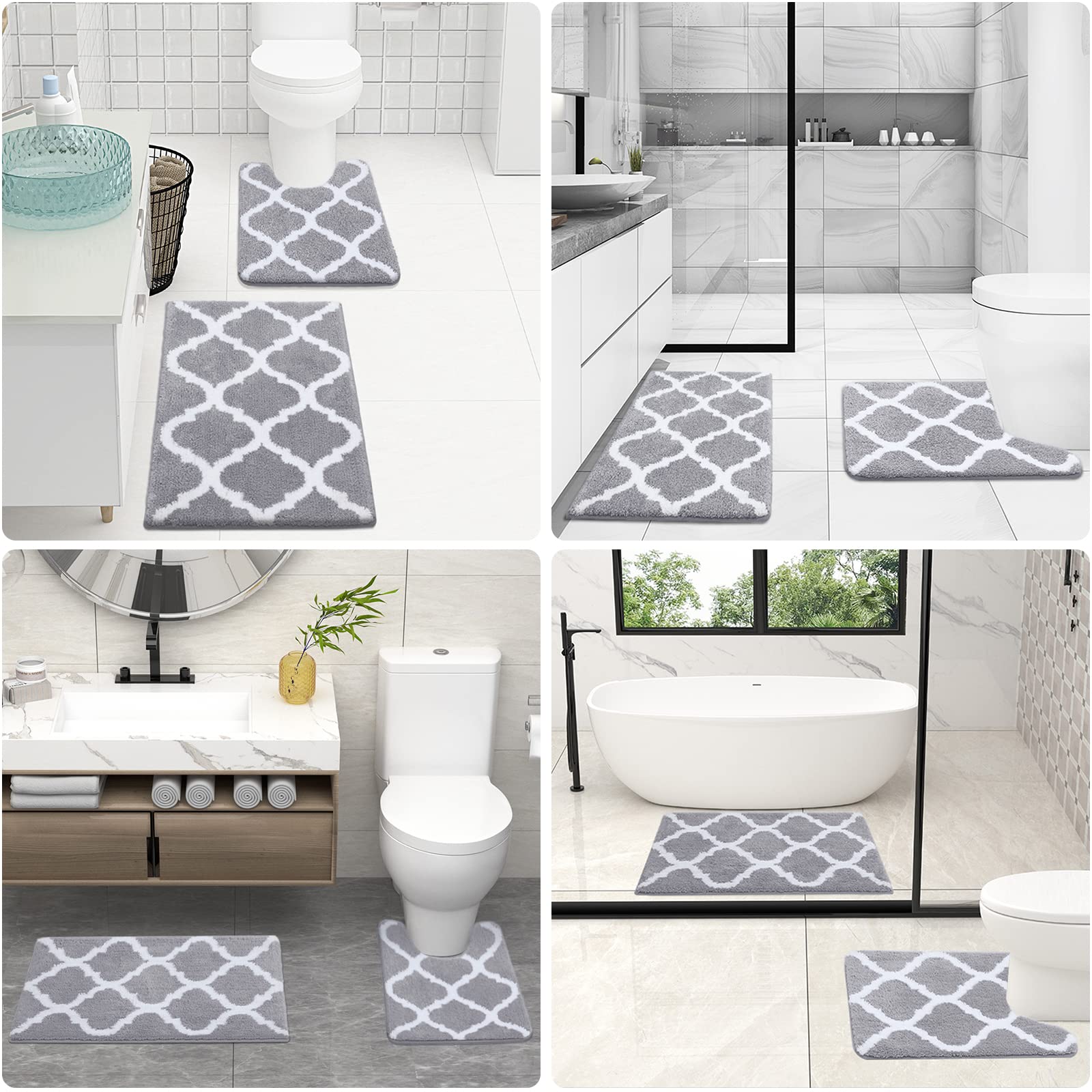 OLANLY Bathroom Rugs Set 2 Piece, Microfiber Bath Shower Mat and U-Shaped Toilet Rug, Machine Wash Dry, Non-Slip Absorbent Shaggy Bath Mats for Tub, Shower and Bathroom (24"x16"+24"x20", Grey)