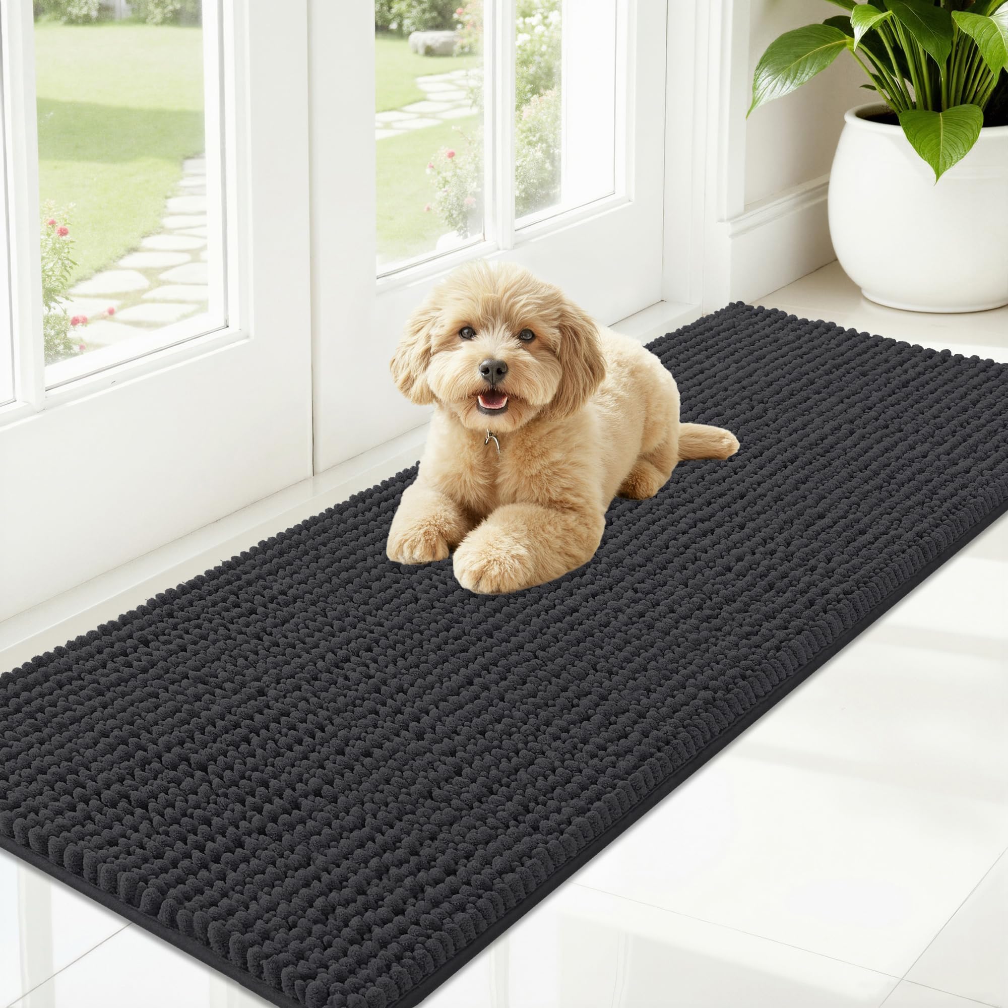 OLANLY Dog Door Mat for Muddy Paws 30x20, Ultra Absorbent Chenille Mud Doormat, Non-Slip Washable and Dirt Trapping Doormat for Indoor Entryway, Quick-Dry Indoor Pet Bed Mats for Dogs, Grey