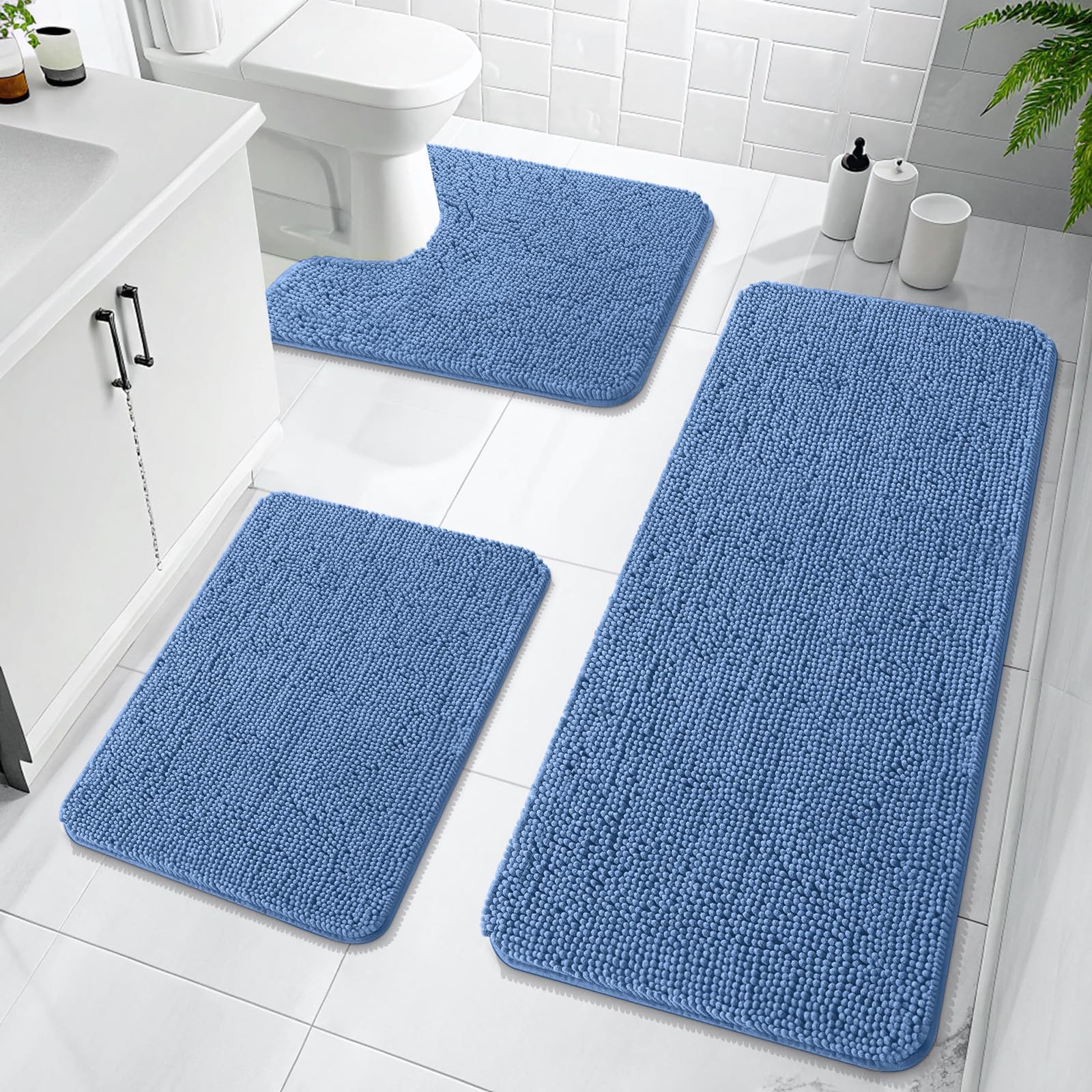 OLANLY Bathroom Rugs Sets 3 Piece, Soft Absorbent Chenille Bath Mats and U-Shaped Contour Toilet Rug, Quick Dry, Home Decor Accessories, Bath Mat Set for Bathroom (30"x20"+24"x16"+24"x20", Grey)