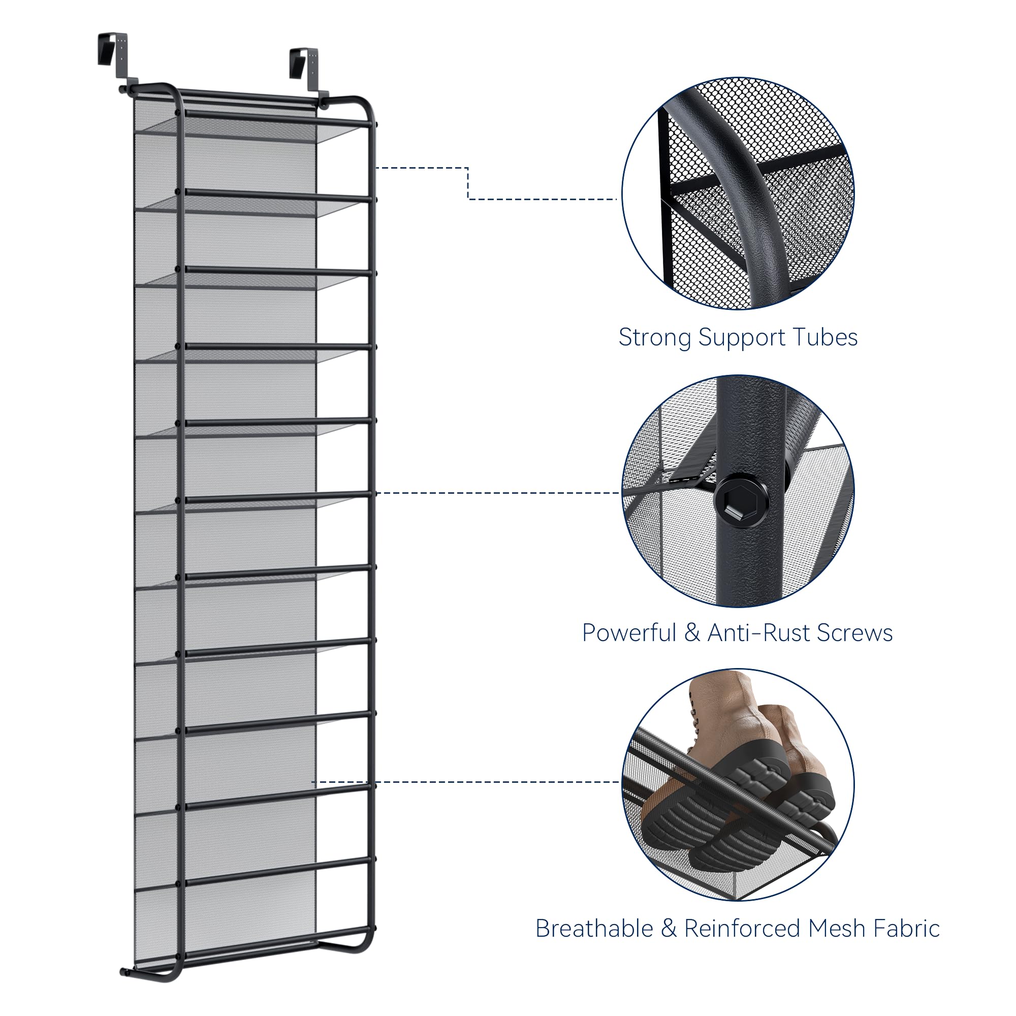 Whitmor 36 Pair Over the Door Shoe Organizer, 12 Tier Hanging Shoe Organizer, Heavy Duty Metal & Mesh Shoe Holder, Hanging Shoe Rack for Closet Organizer & Storage, 74"L x 21.7"W x 7.5"H, White