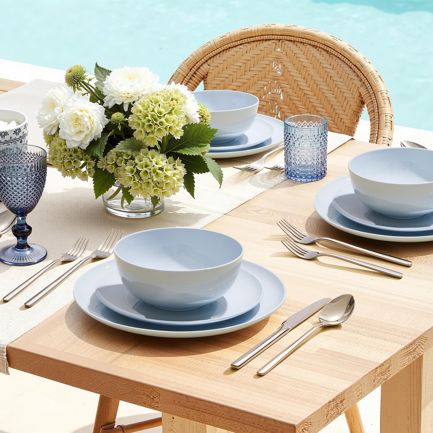 KINGSTONE 12-Piece Bone China Dinnerware Set for 4, Lightweight and Durable, Microwave and Dishwasher Safe, White Plates and Bowls for Everyday Use
